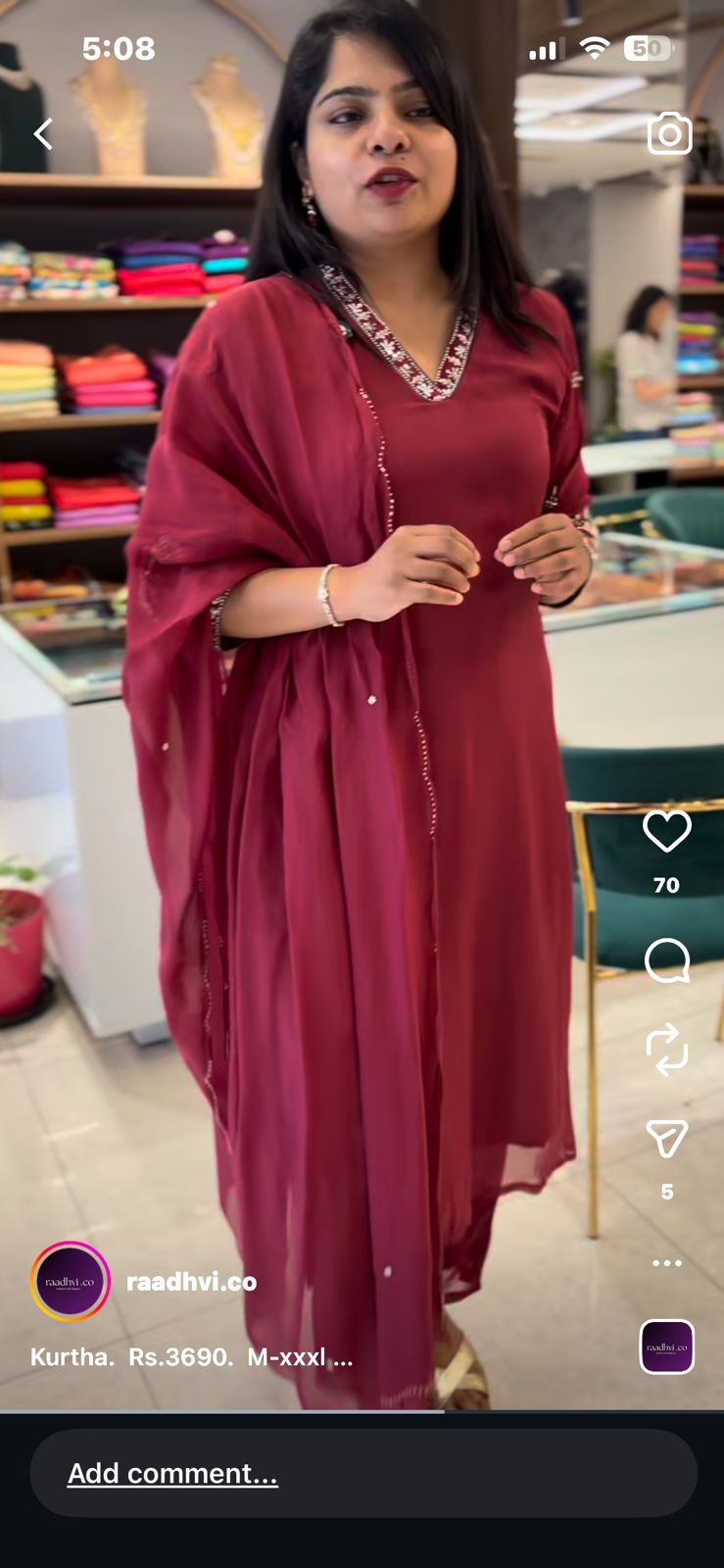 Maroon Chinnon Handwork Airline Kurtha 345