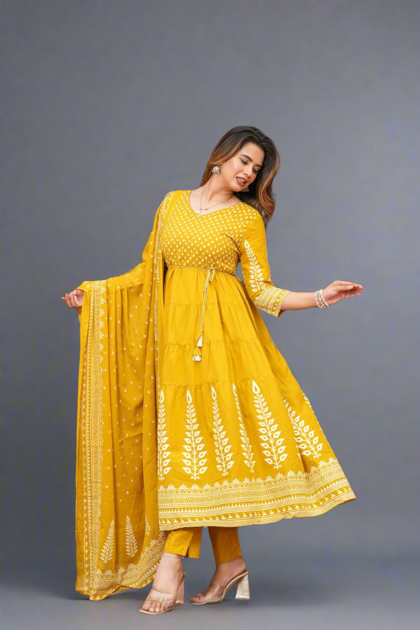 "Naya" Yellow Mul Cotton Block Print Anarkali Kurtha 100