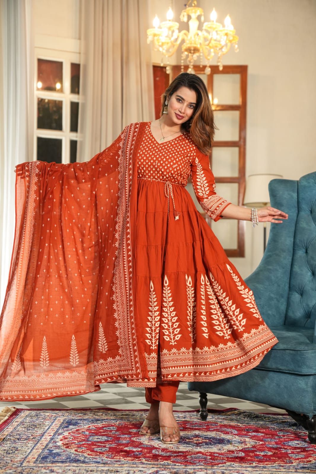 "Naya" Orange Mul Cotton Block Print  Anarkali Kurtha 100