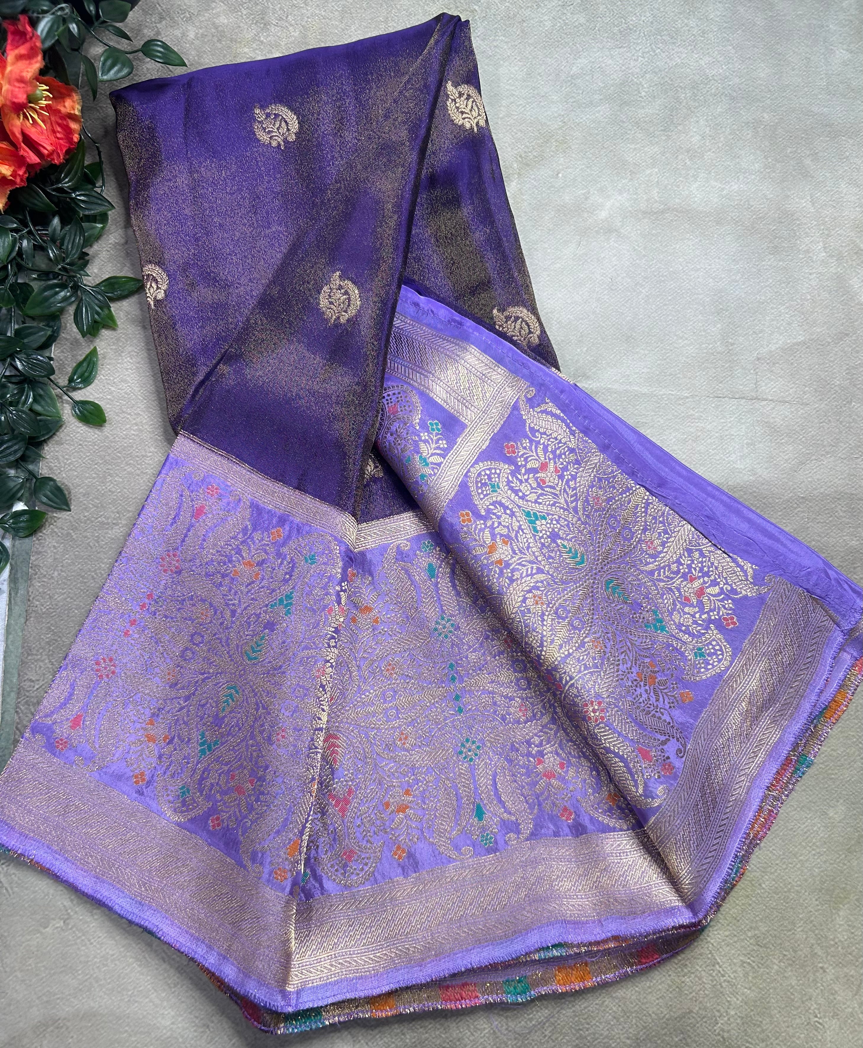 Purple contrast long border soft semi tissue crepe 106 saree