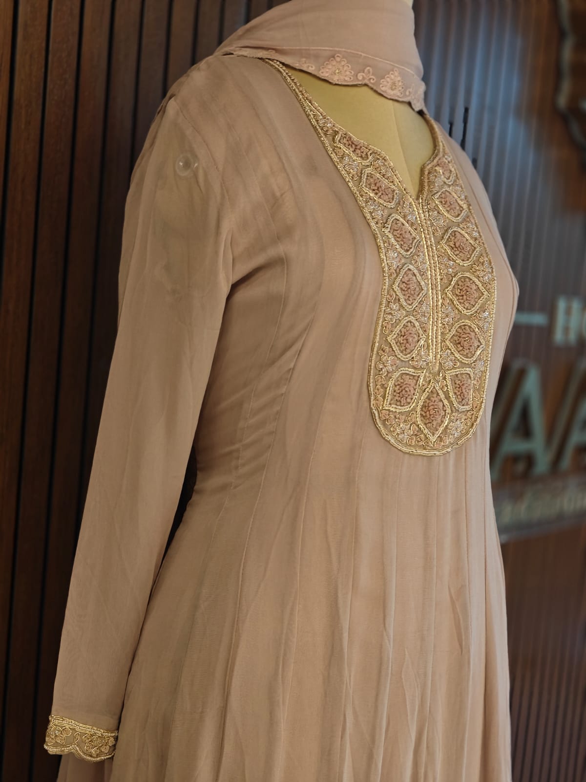Onion Pink Chinnon Hand Embroidery Gown Kurtha 567