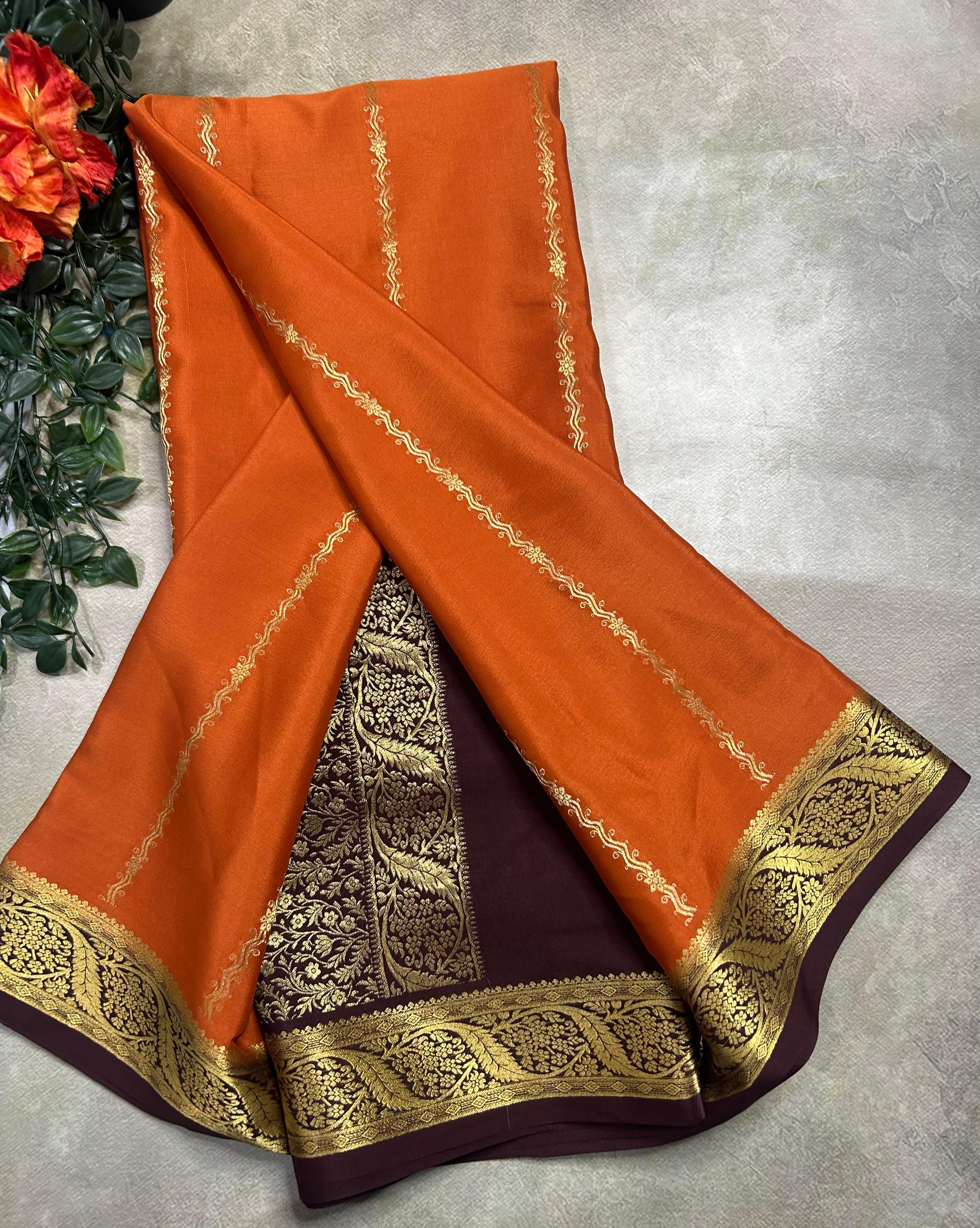 Rust orange stripes pure Mysore silk 106 saree