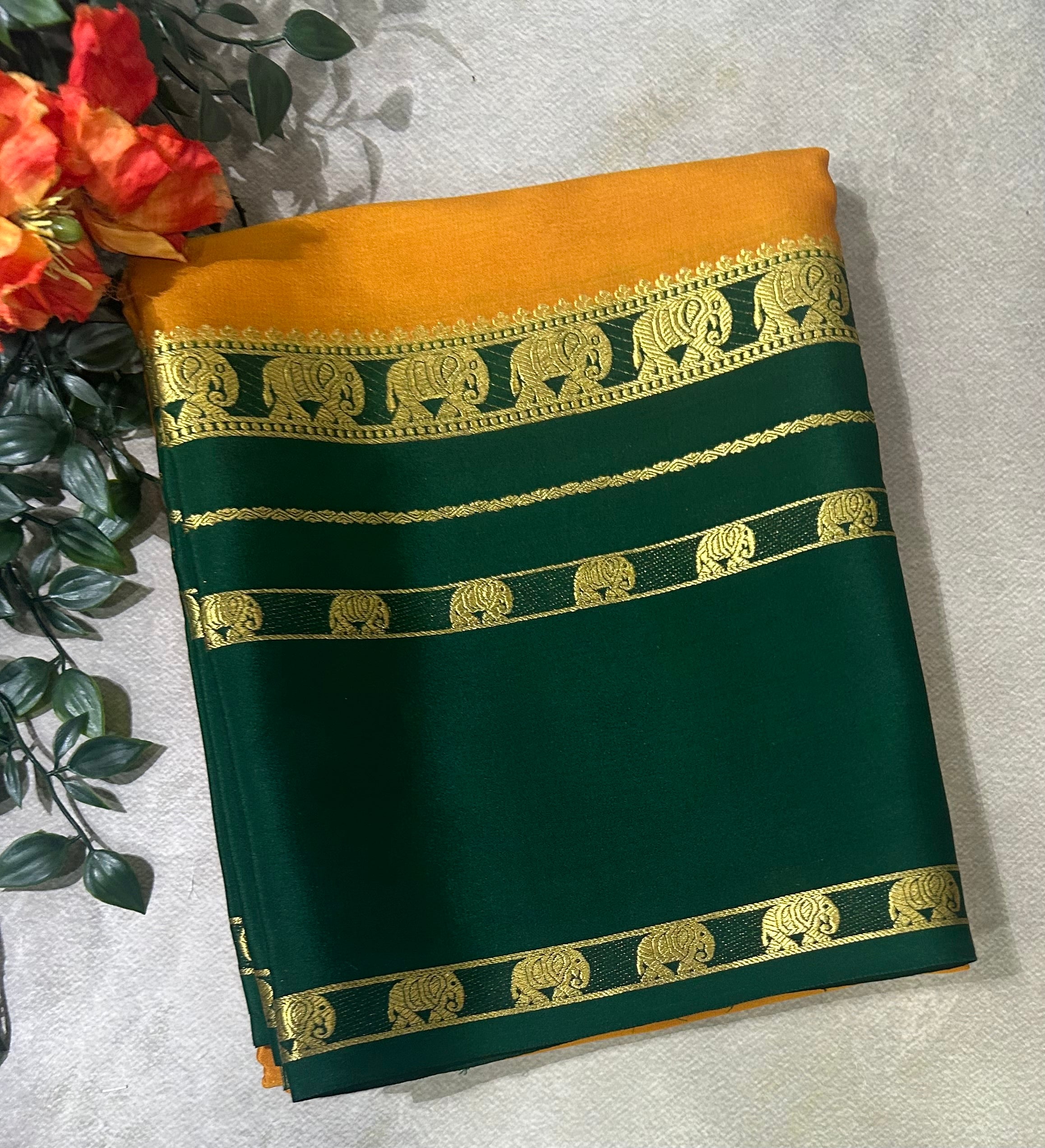 Mustard yellow bentex border pure Mysore silk 104 saree
