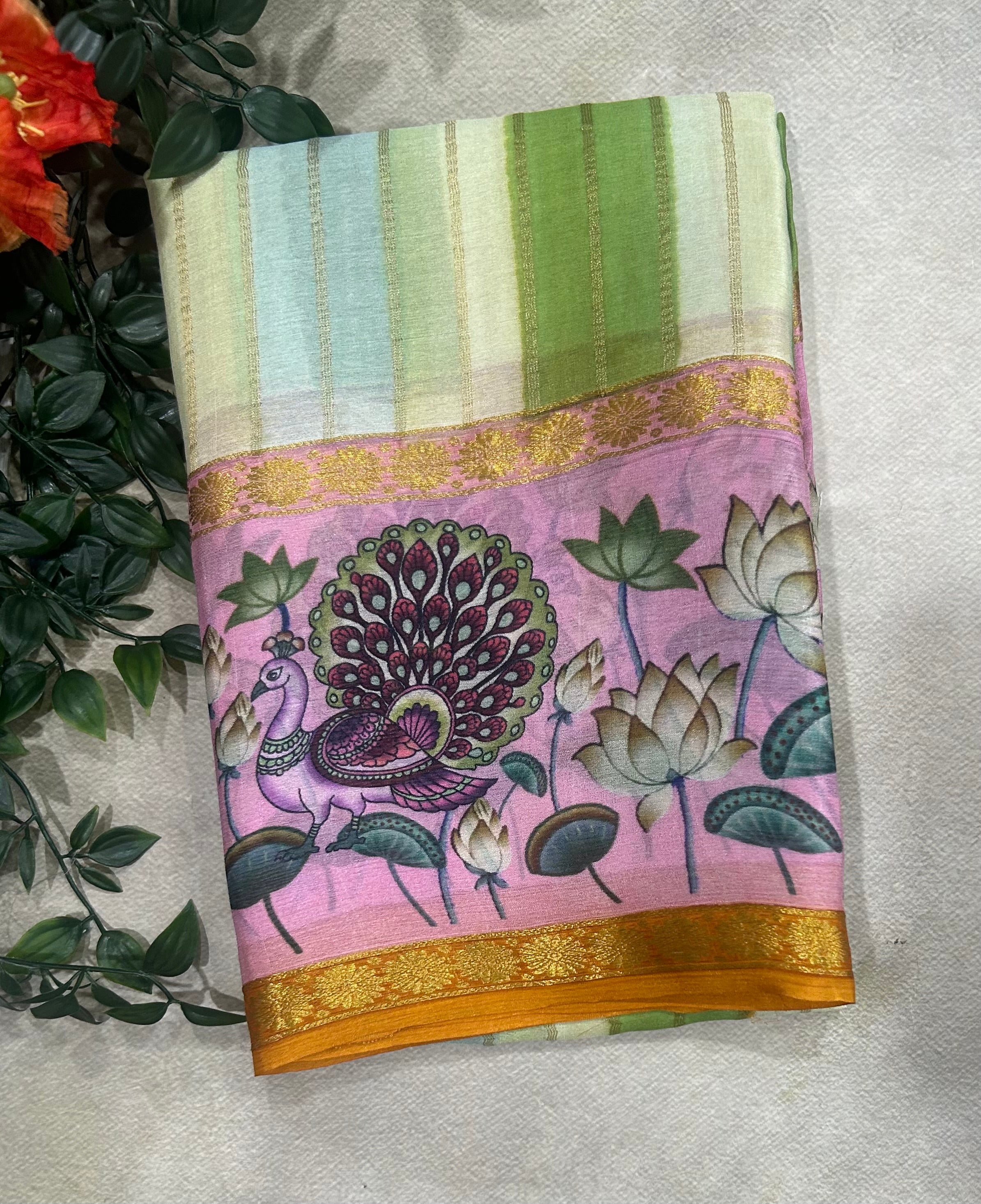 Rankart kalamkari border pure wrinkle 103 crepe silk saree