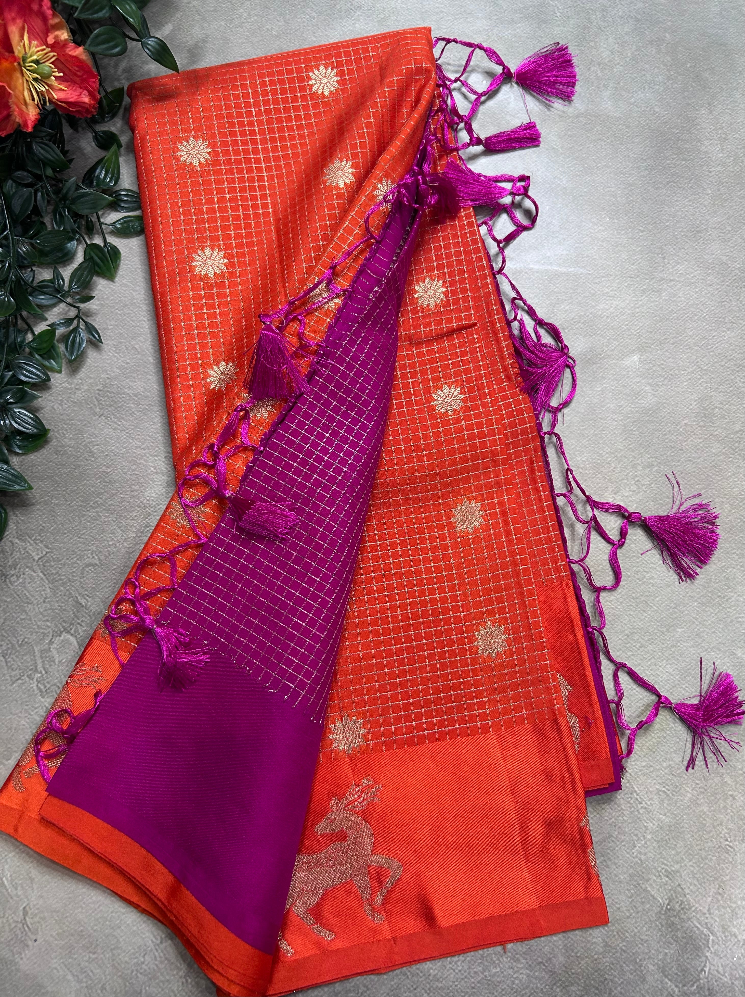 Orange small checks semi Mysore crepe 106 saree