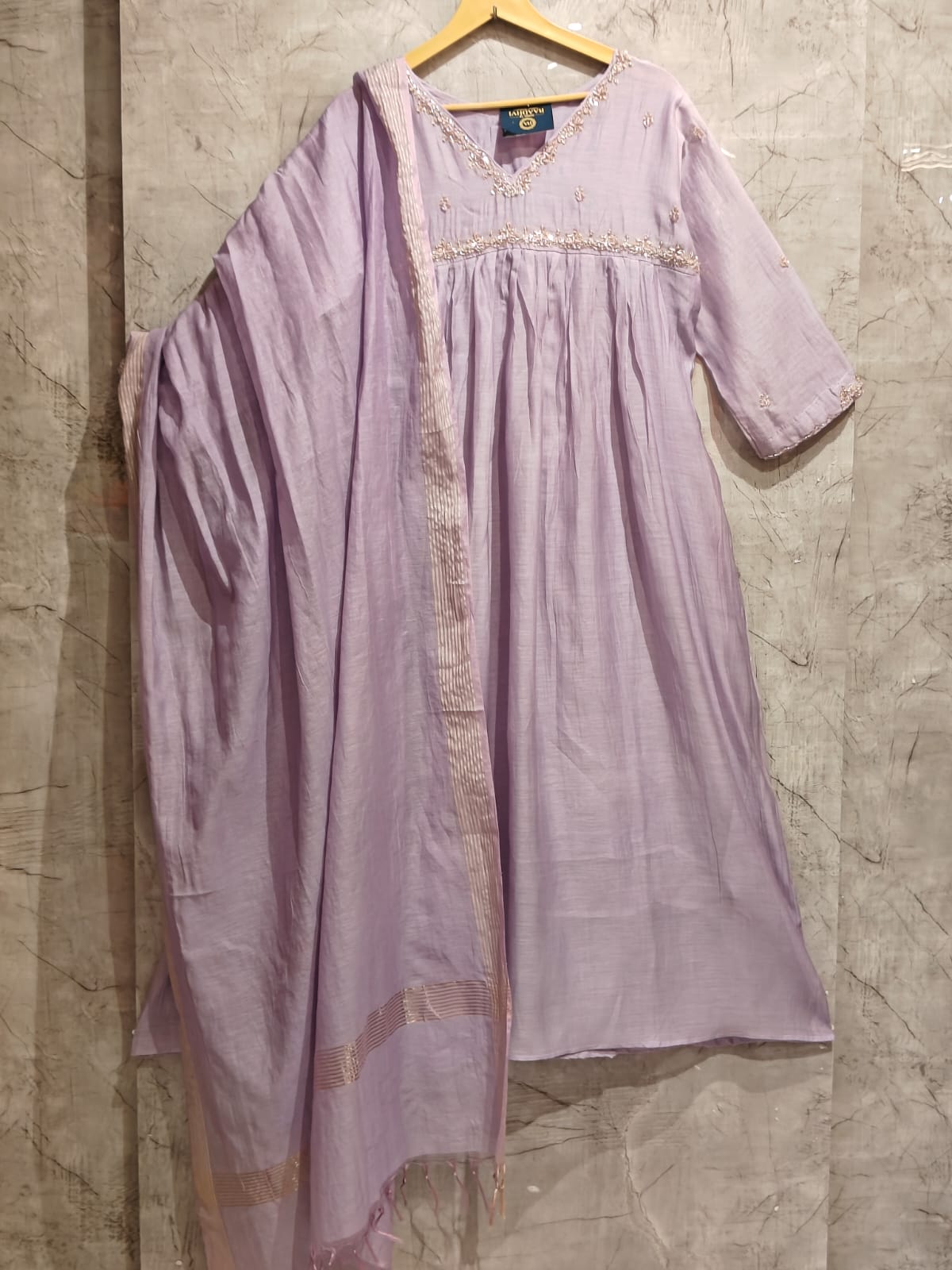 “Pani" Lilac Alia Cut Mul Chanderi silk Kurtha suit with work hand embroidery