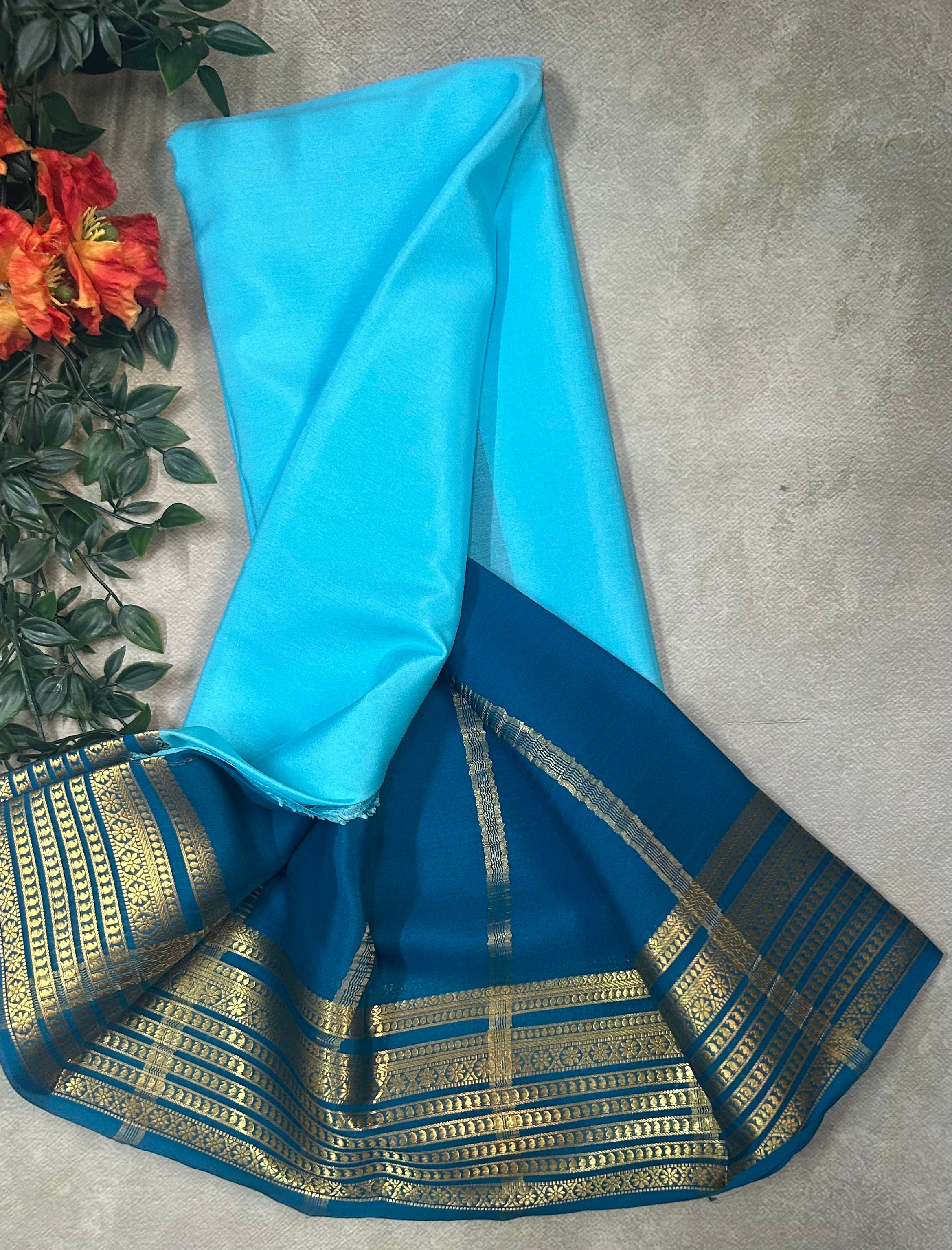 Sky blue n peacock blue pure Mysore silk saree