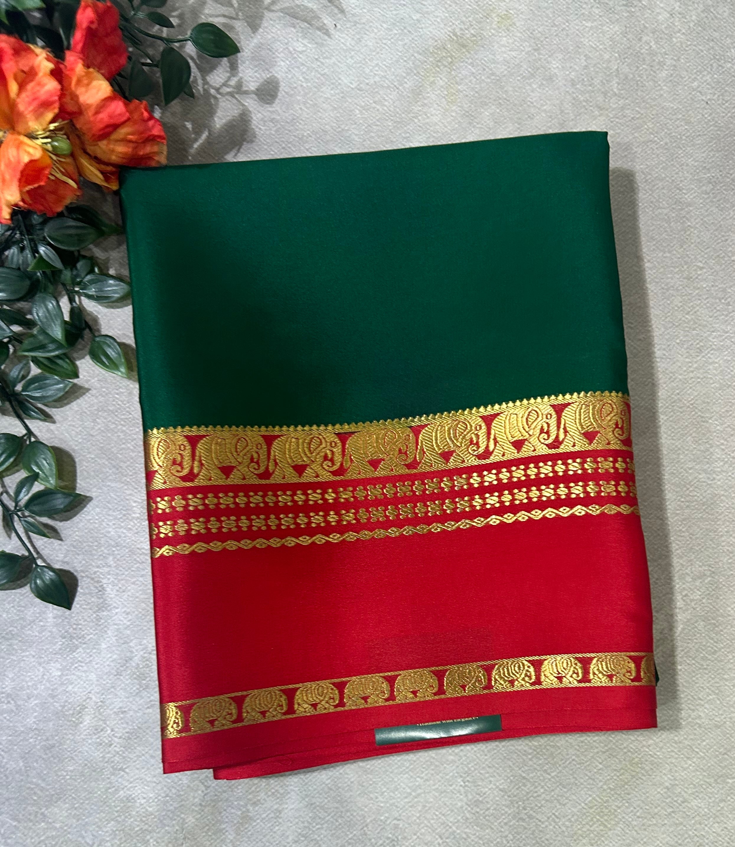 Bottle green bentex border pure Mysore silk 104 saree