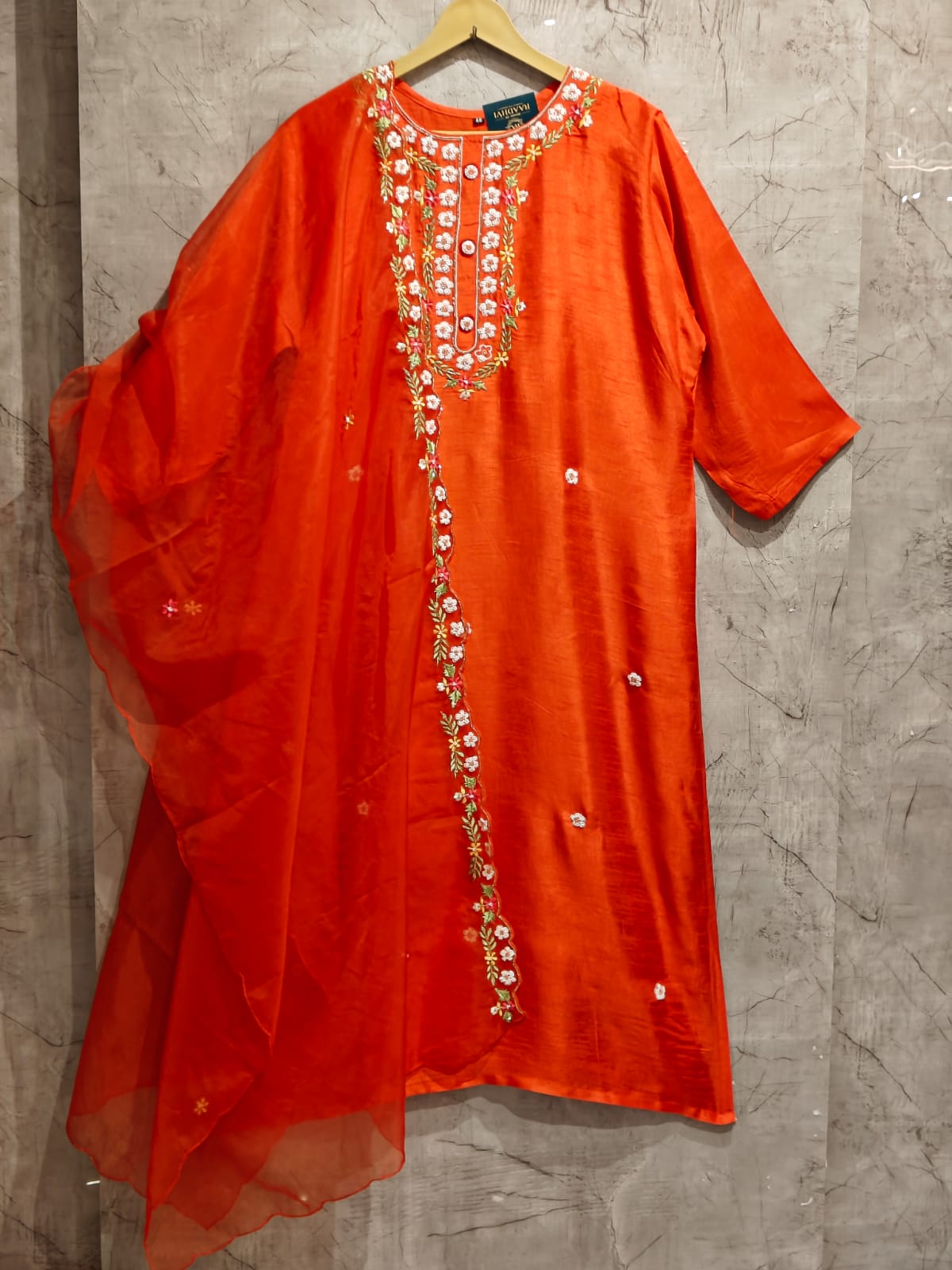 Orange Dola silk Kurtha with Pearl handwork embriodery work