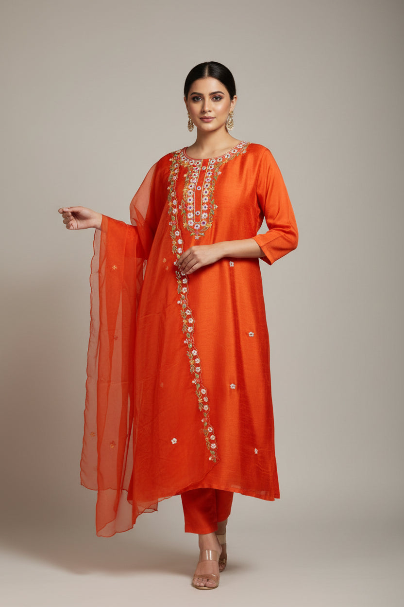 Orange Dola silk Kurtha with Pearl handwork embriodery work