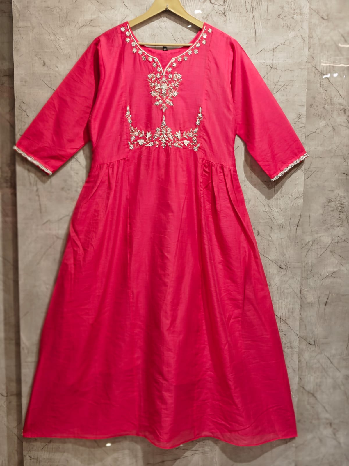 Pink Mul Chanderi silk Kurtha 765 with Handwork Embroidery