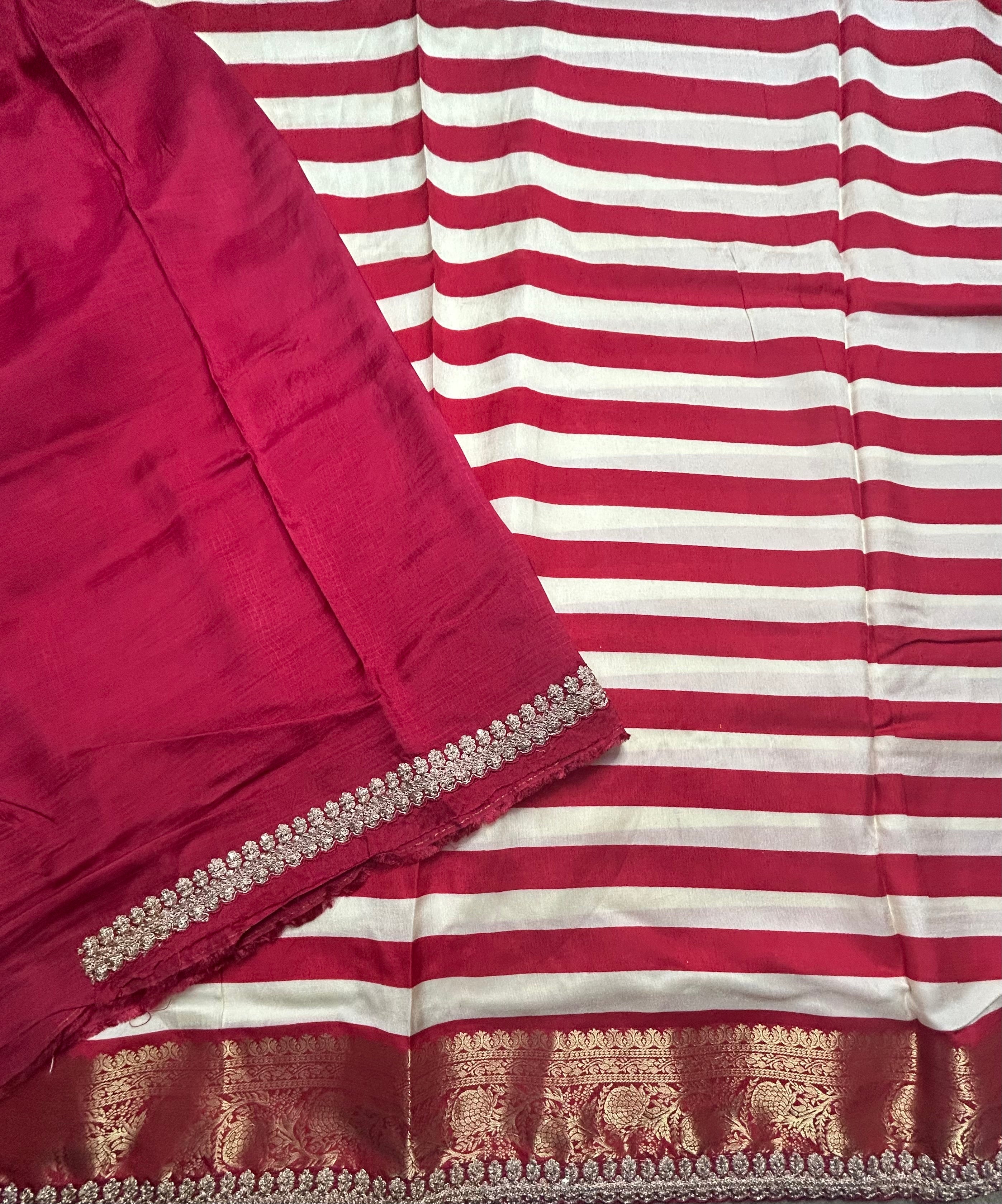 White n red stripes party wear small border saree