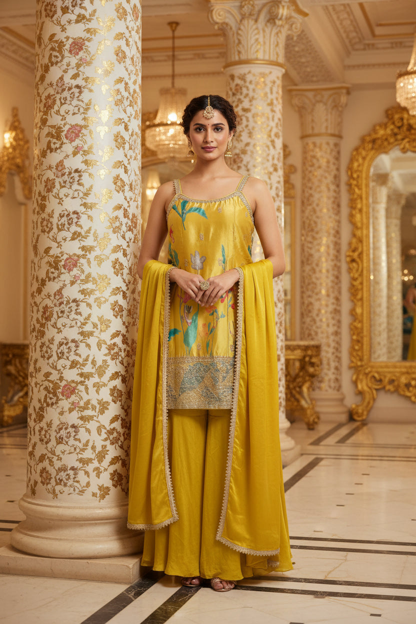 Yellow Chinnon Hand Embroidery Sharara Kurtha 301