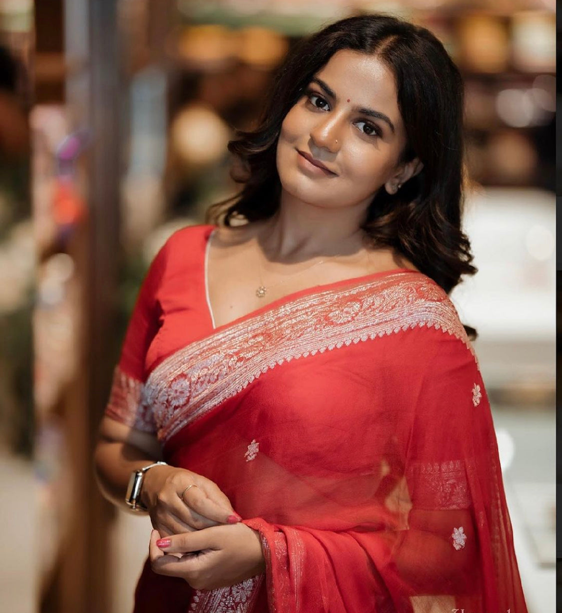 Bright red benarasi pure chiffon