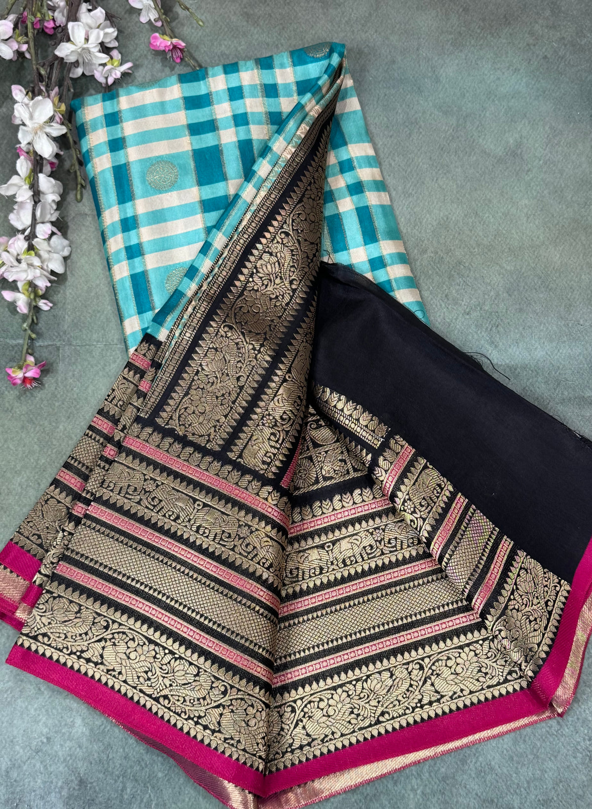 Pastel blue Checks Semi Crepe Saree 110