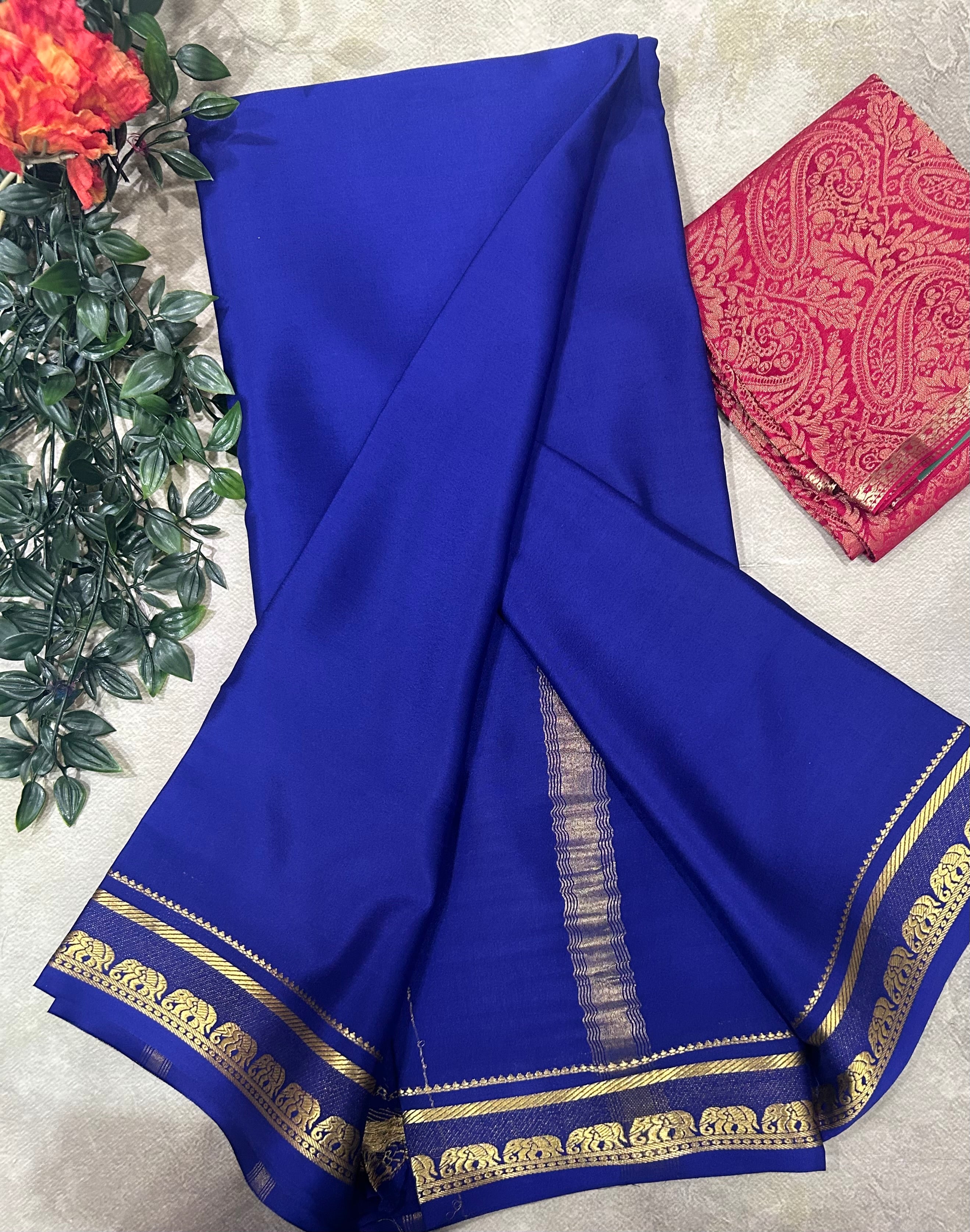 Navy blue plain pure mysore crepe silk saree with Mysore brocade blouse piece(MSM106)