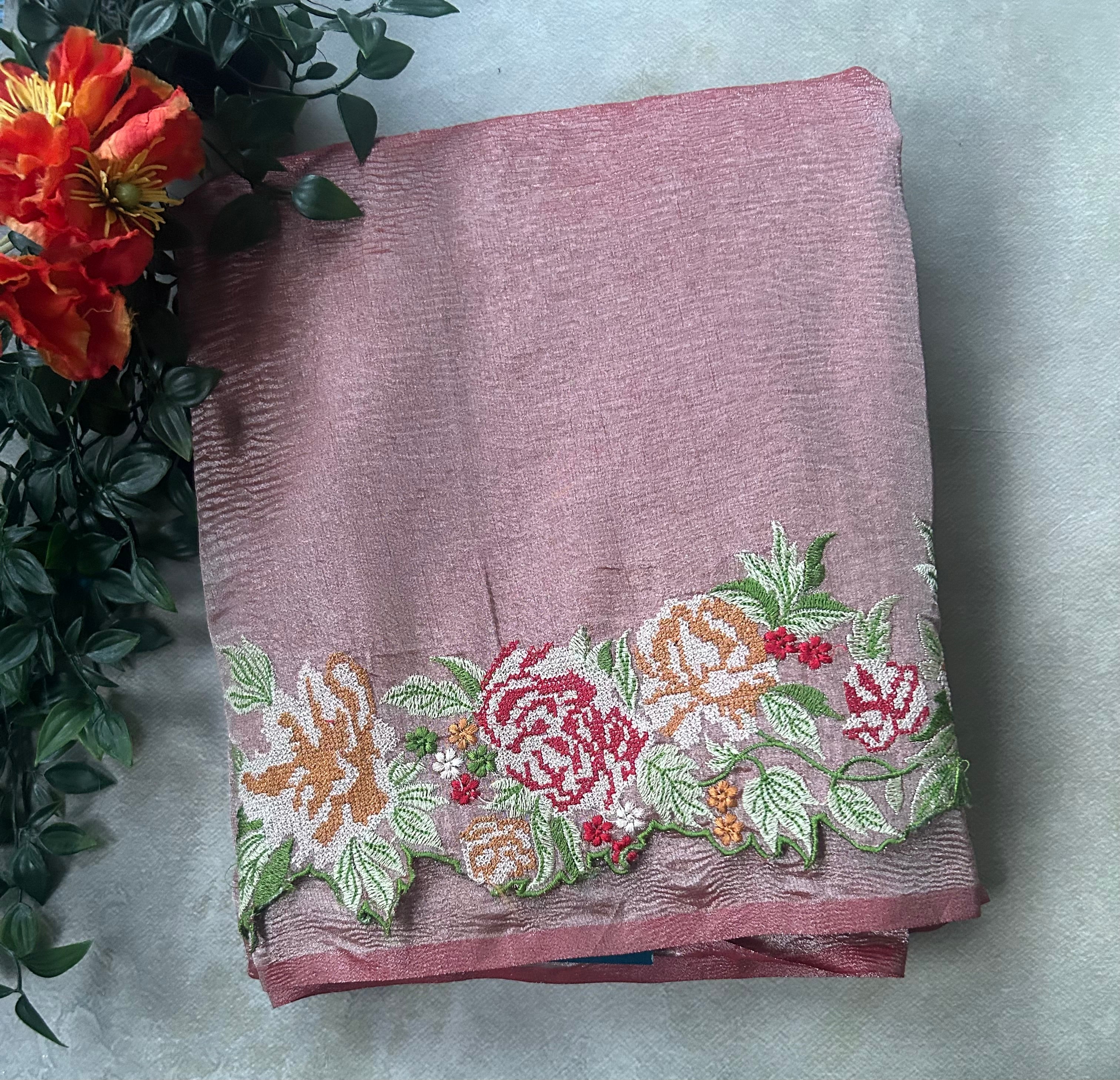 Light red embroidery work border party wear saree