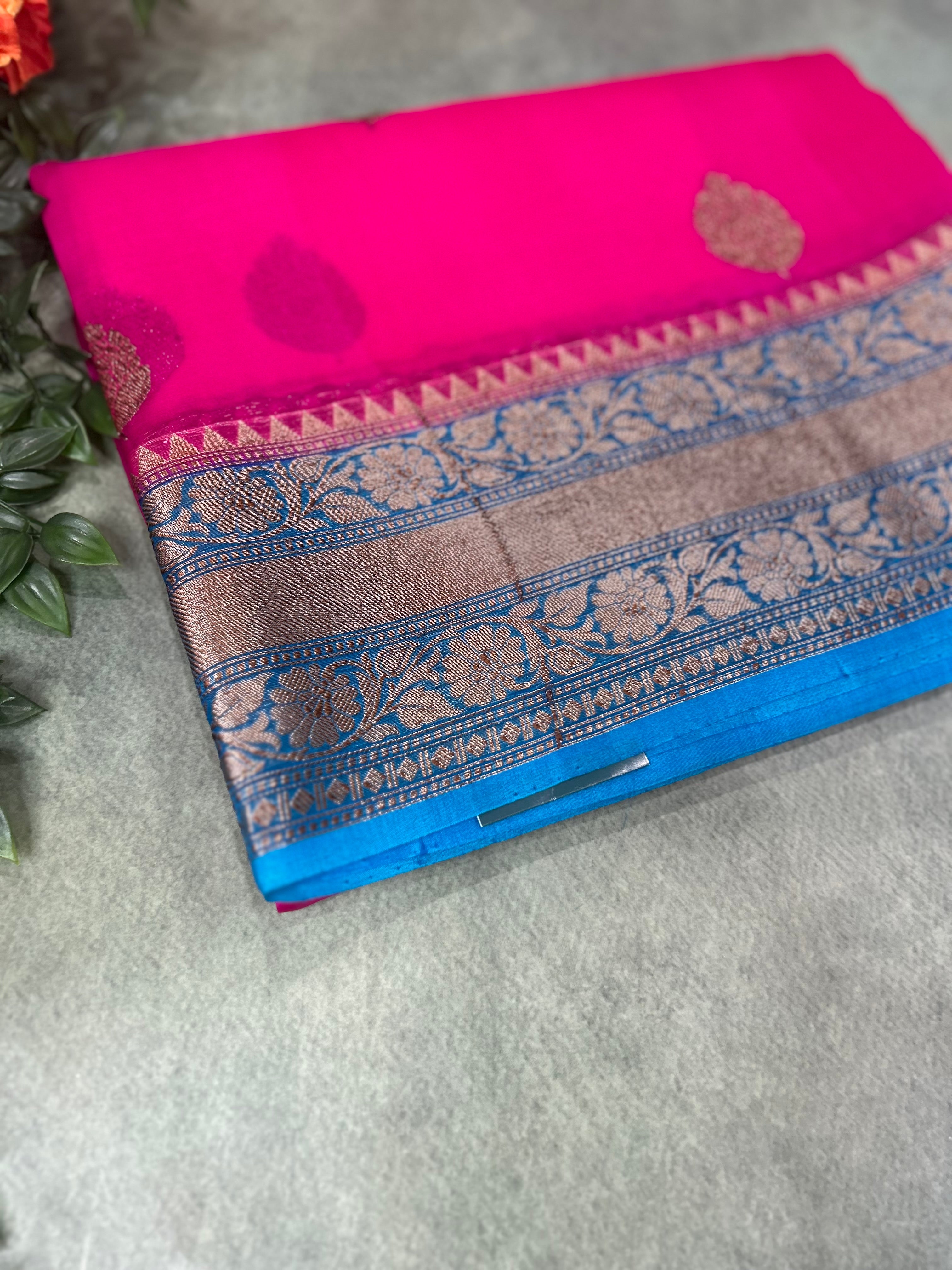 Pink n blue  pure kora organza silk saree