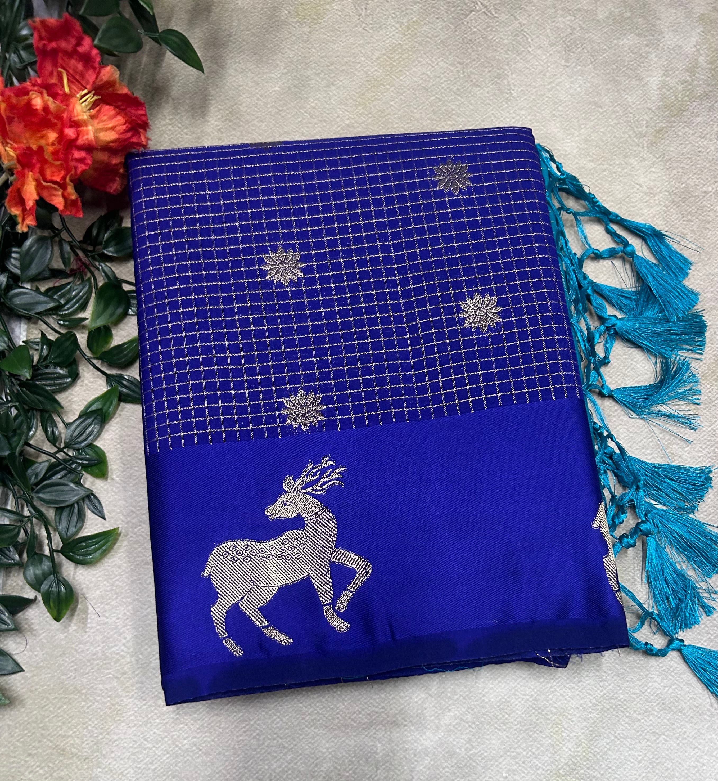 Blue small checks semi Mysore crepe saree(SMC106)