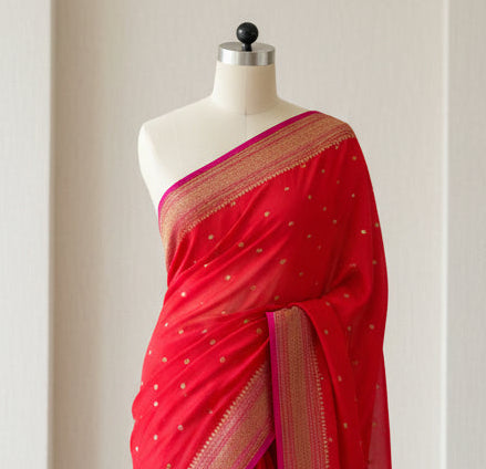 Red n pink small Butta pure Benarasi crepe 104 saree