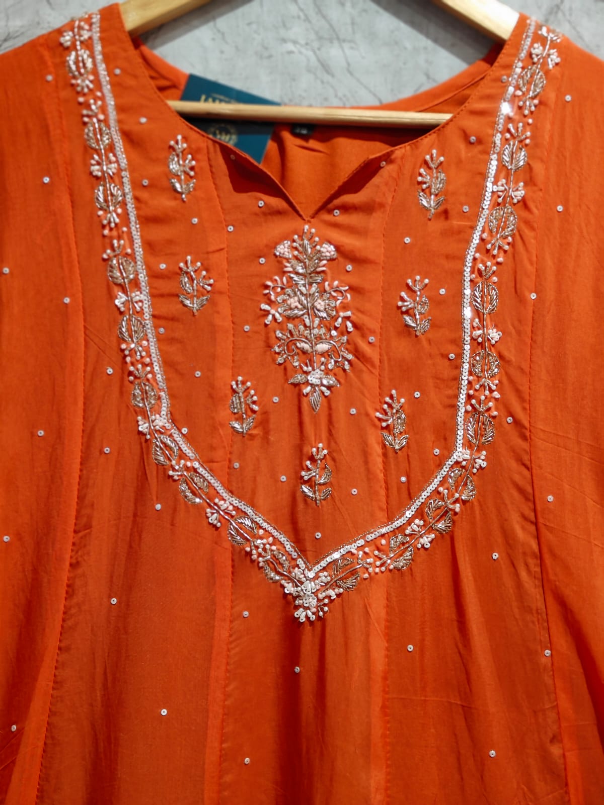 Orange Organza Hand Embroidery Airline Kurtha 966