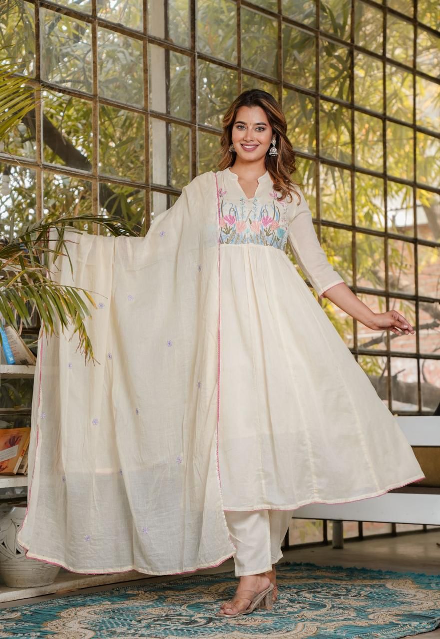 “Jhoda” cream Mul cotton with hand work Anarkali Kurtha suit with dupatta