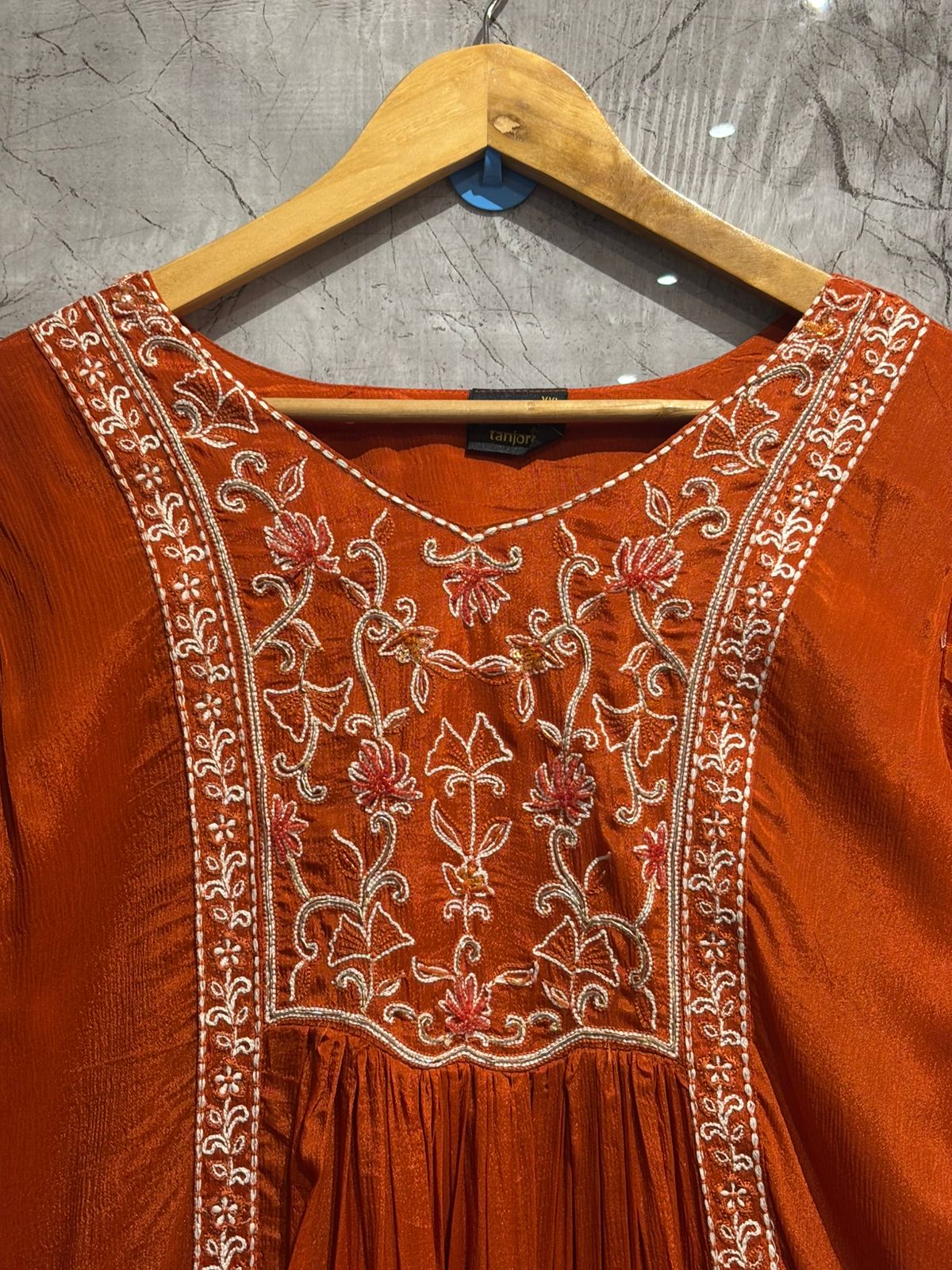 Orange Thread embroidry  Crepe kurtha set