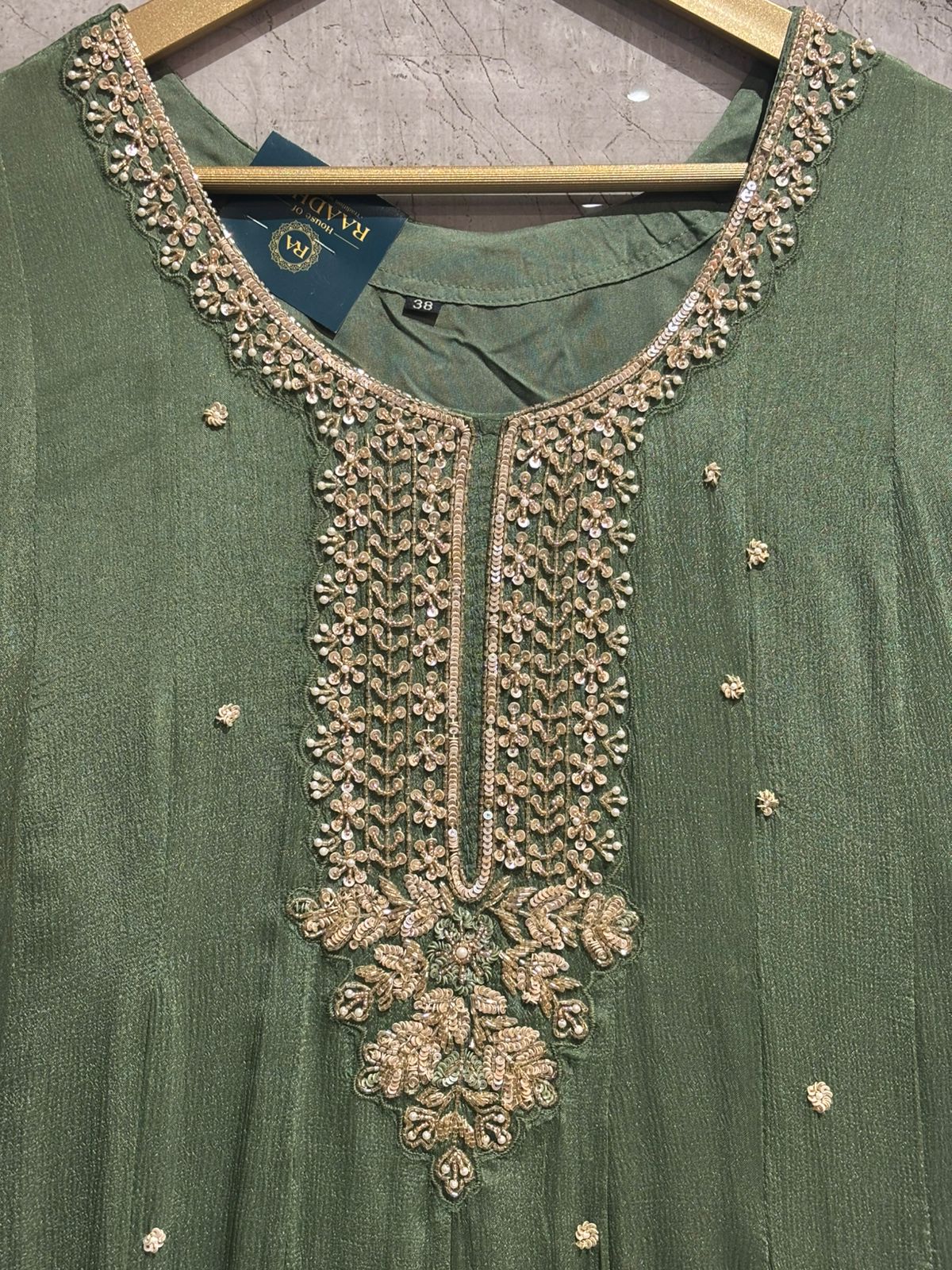 Green Anarkali Chinnon Hand Embroidery Kurtha 567