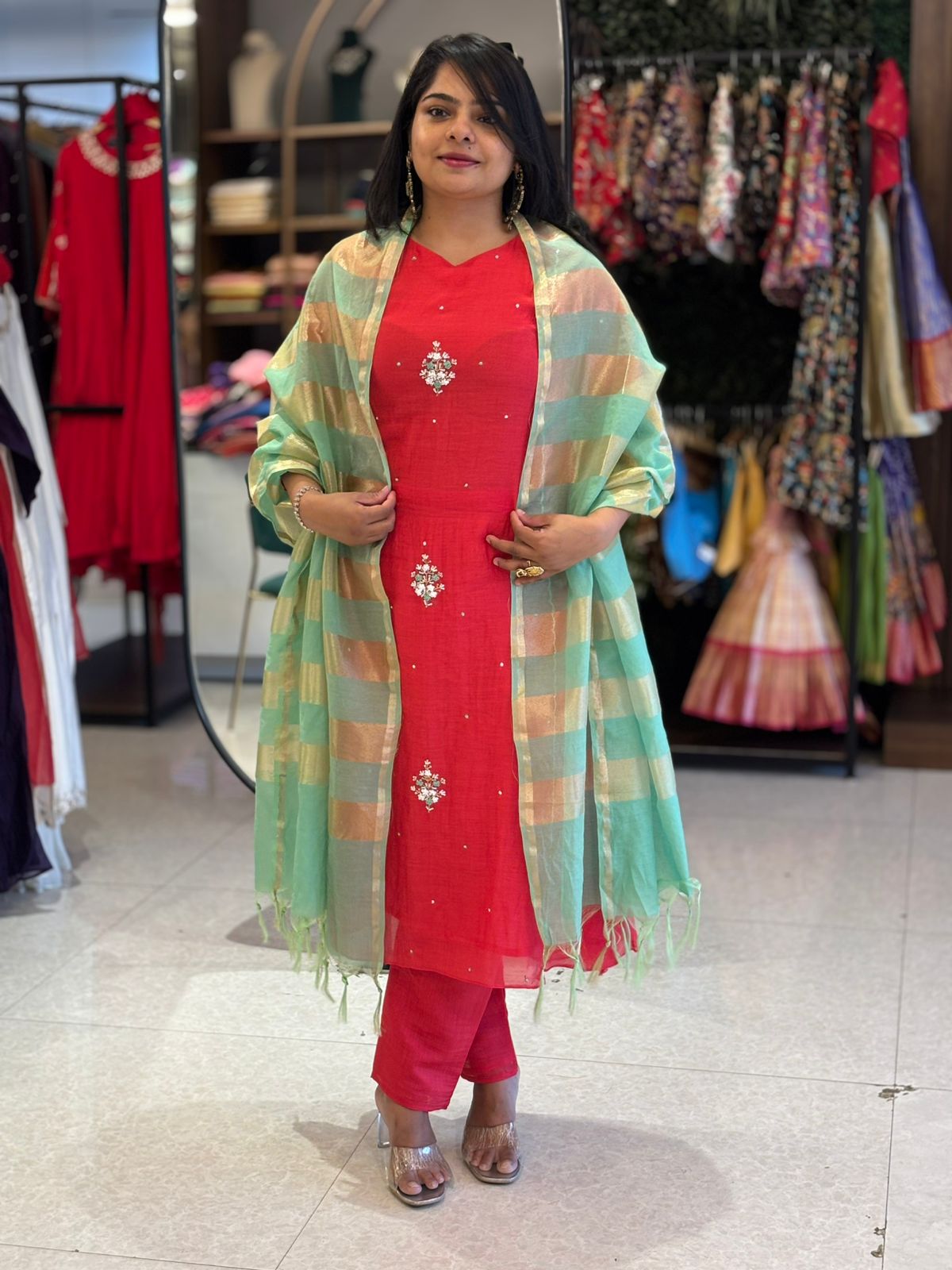 “Pani" Red Mul Chanderi Silk Kurtha 101 With Handwork Embroidery