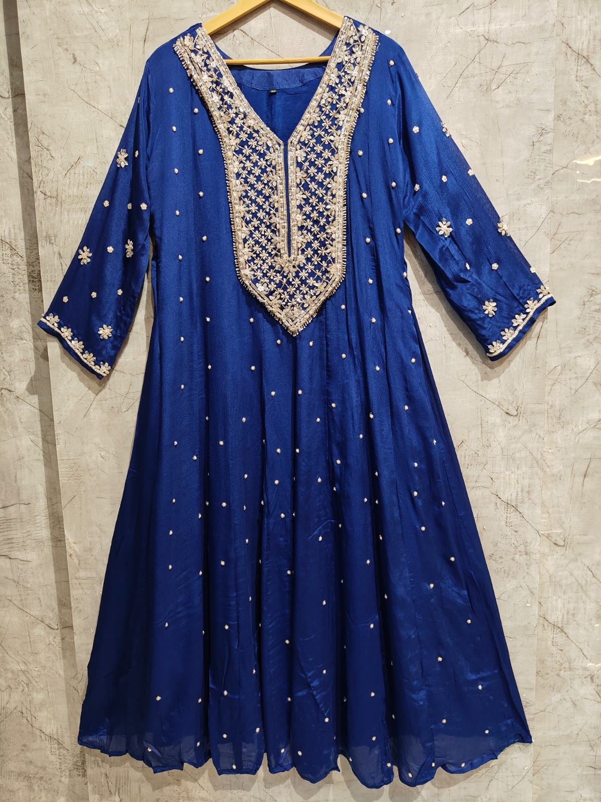 Royal blue Anarkali Chinnon handwork party ware Kurtha 567