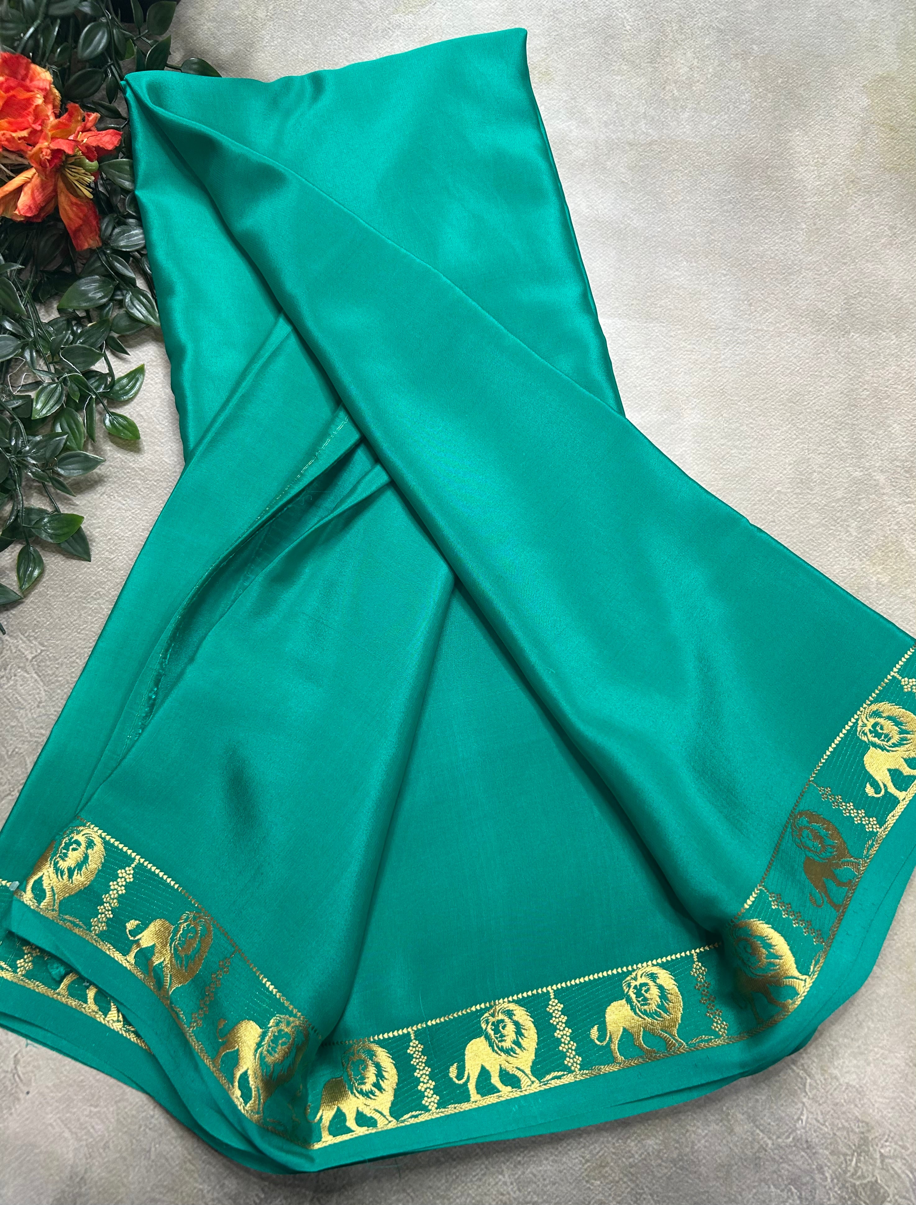 Rama green lion border pure Mysore silk 105 saree