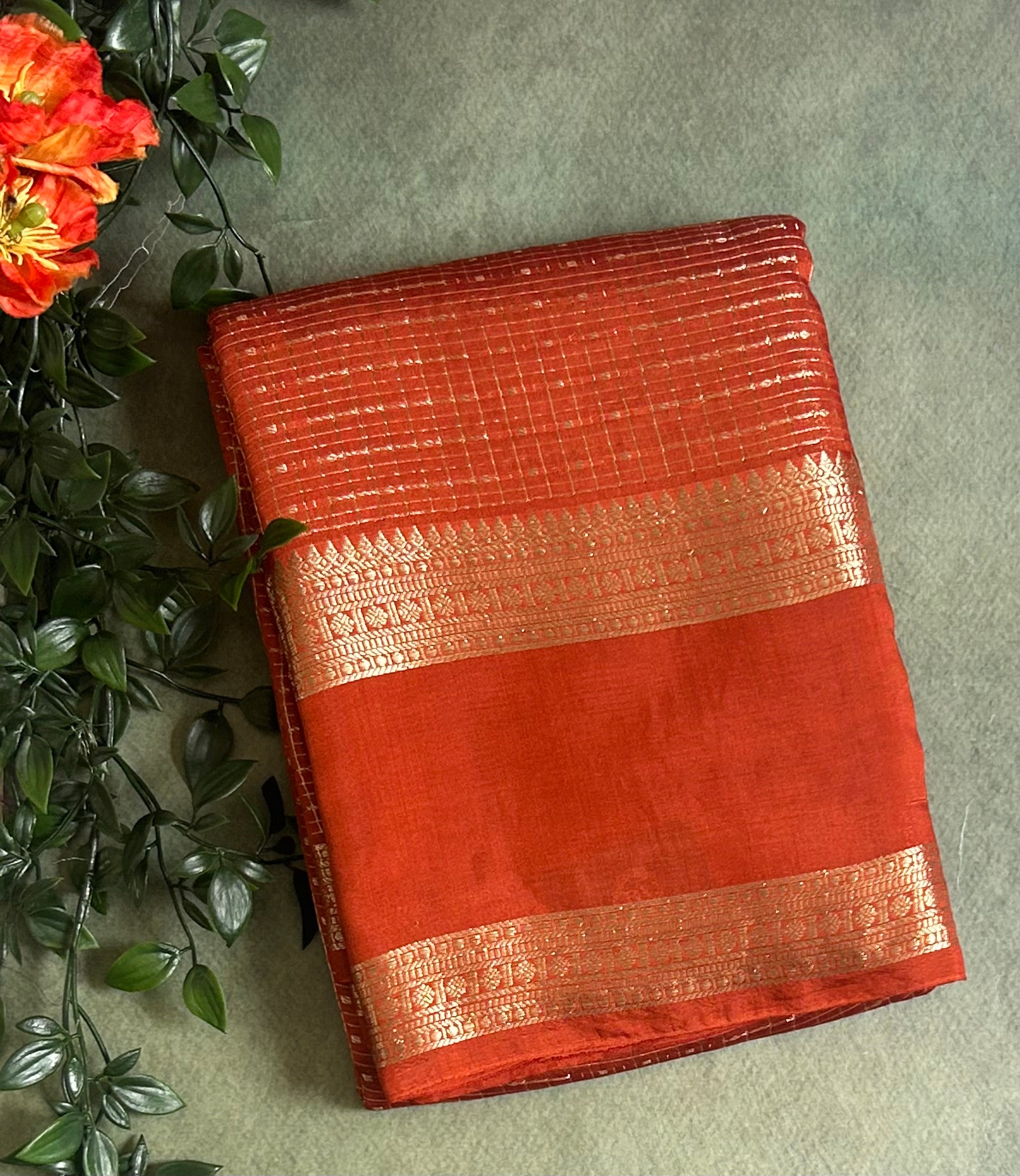Rust orange small checks soft Tussar 03 crepe saree