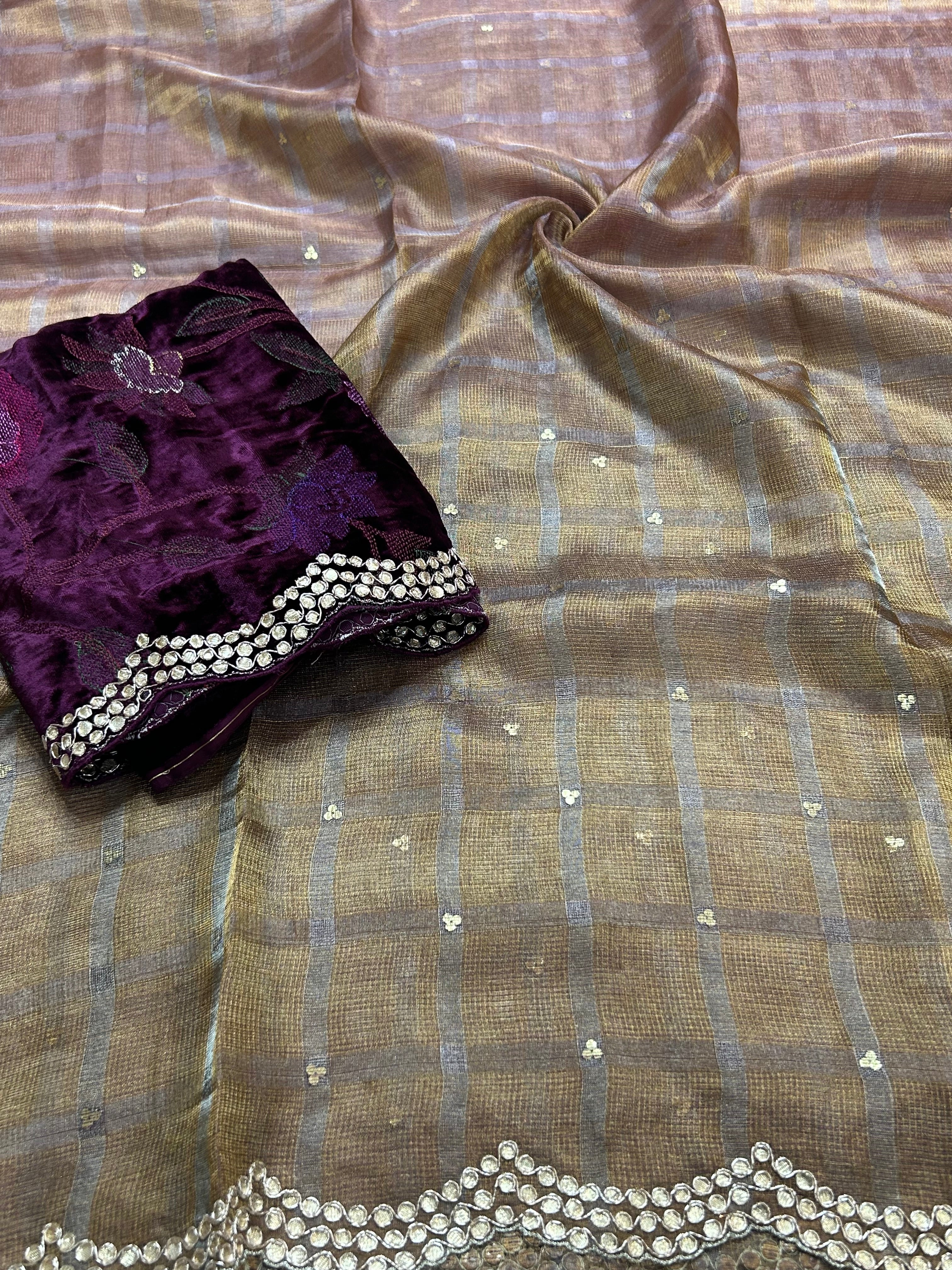 2D checks pure Kora tissue 104 with velvet embroidery work blouse piece saree