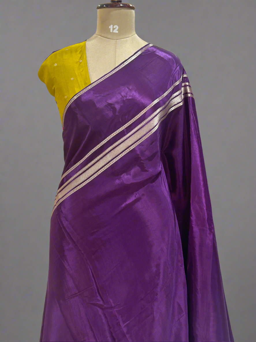 Purple plain four border semi mysore crepe saree