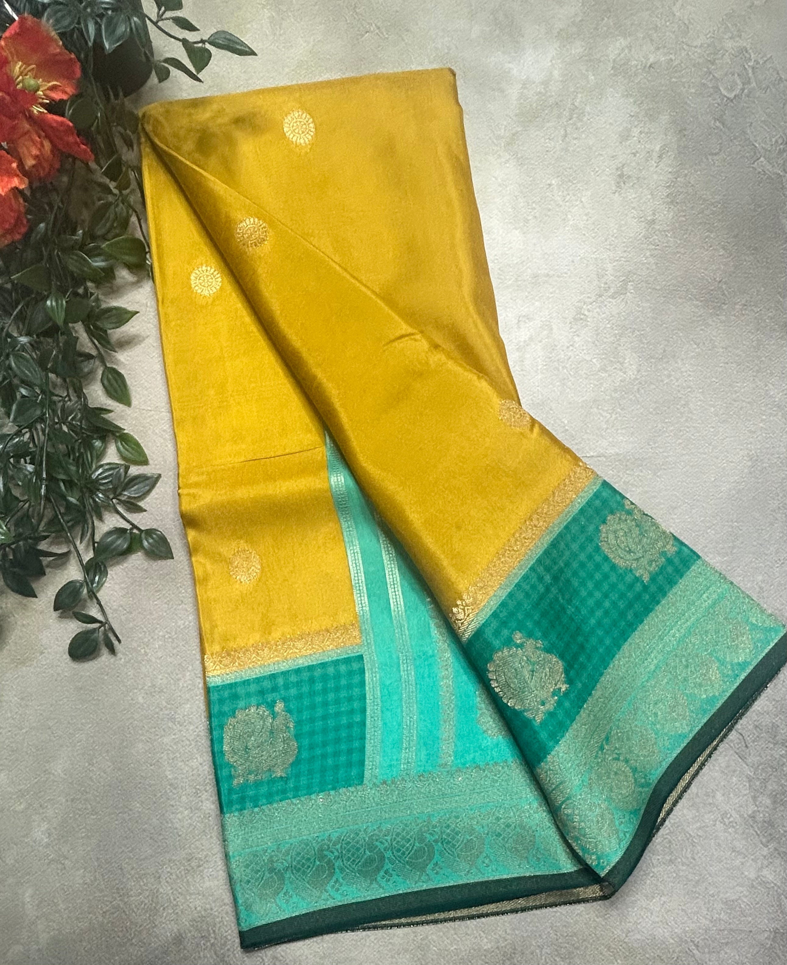 Mustard yellow border Butta semi Mysore crepe saree