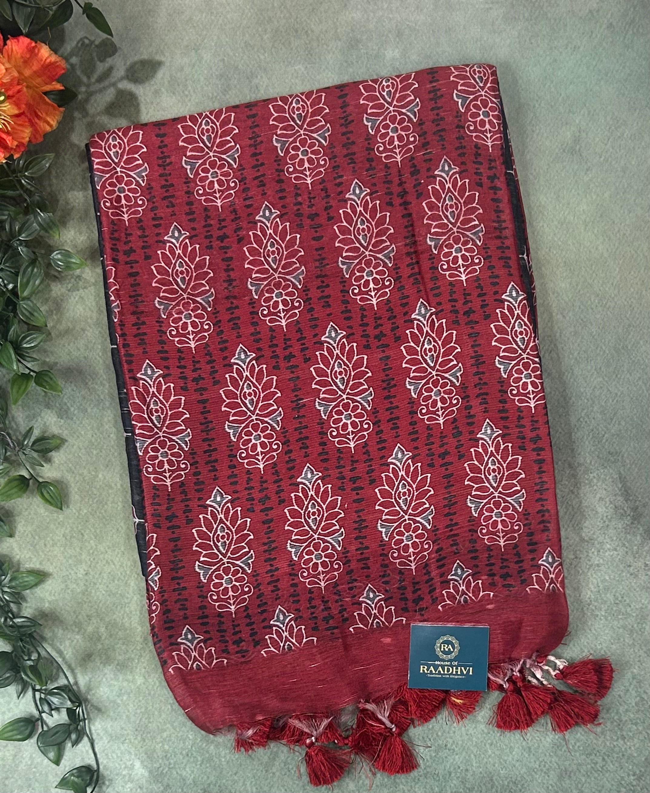 Black n red pure linen saree