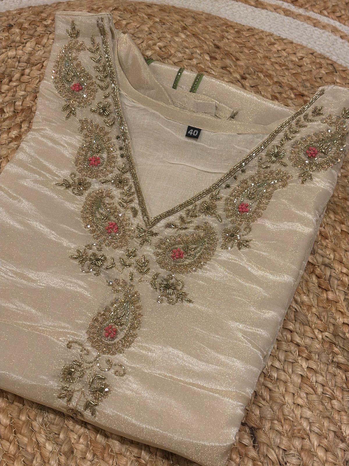 "Chandini" Cream 115 Pure Tissue shimmer Kurtha with Floral Digital Print Zardozi Handwork
