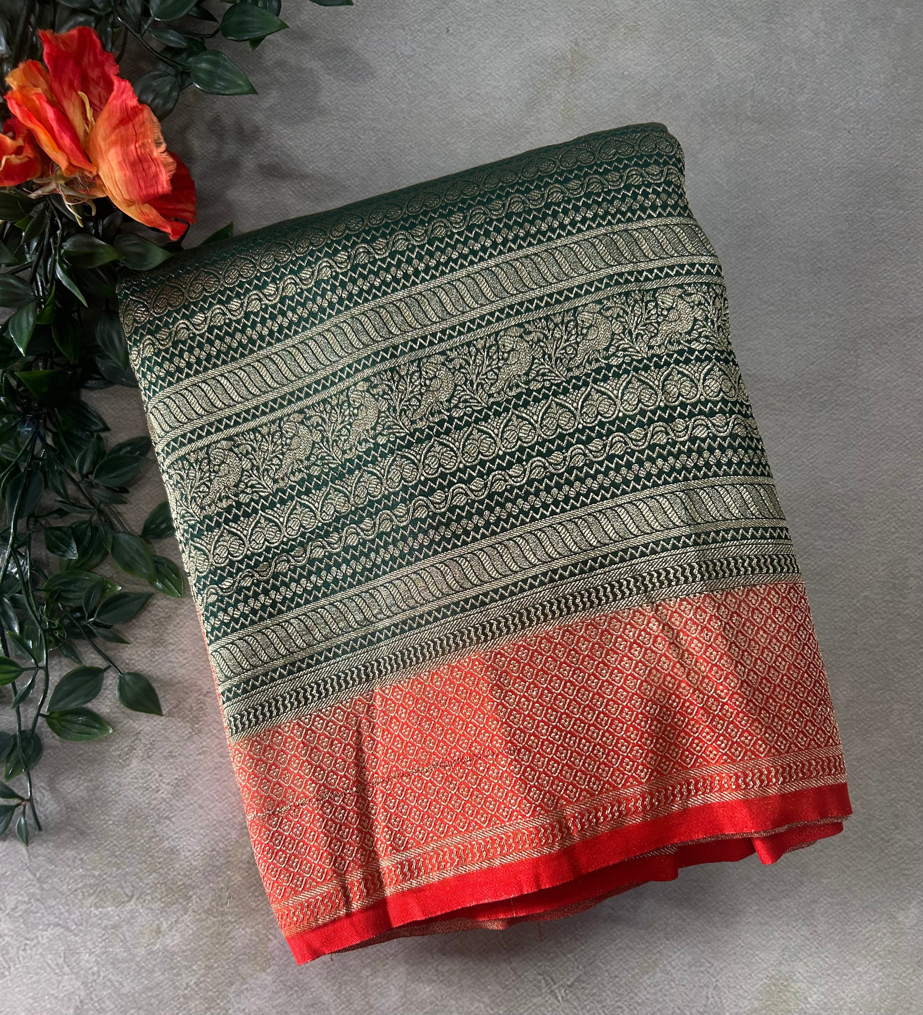 Bottle green brocade semi georgette 105 saree