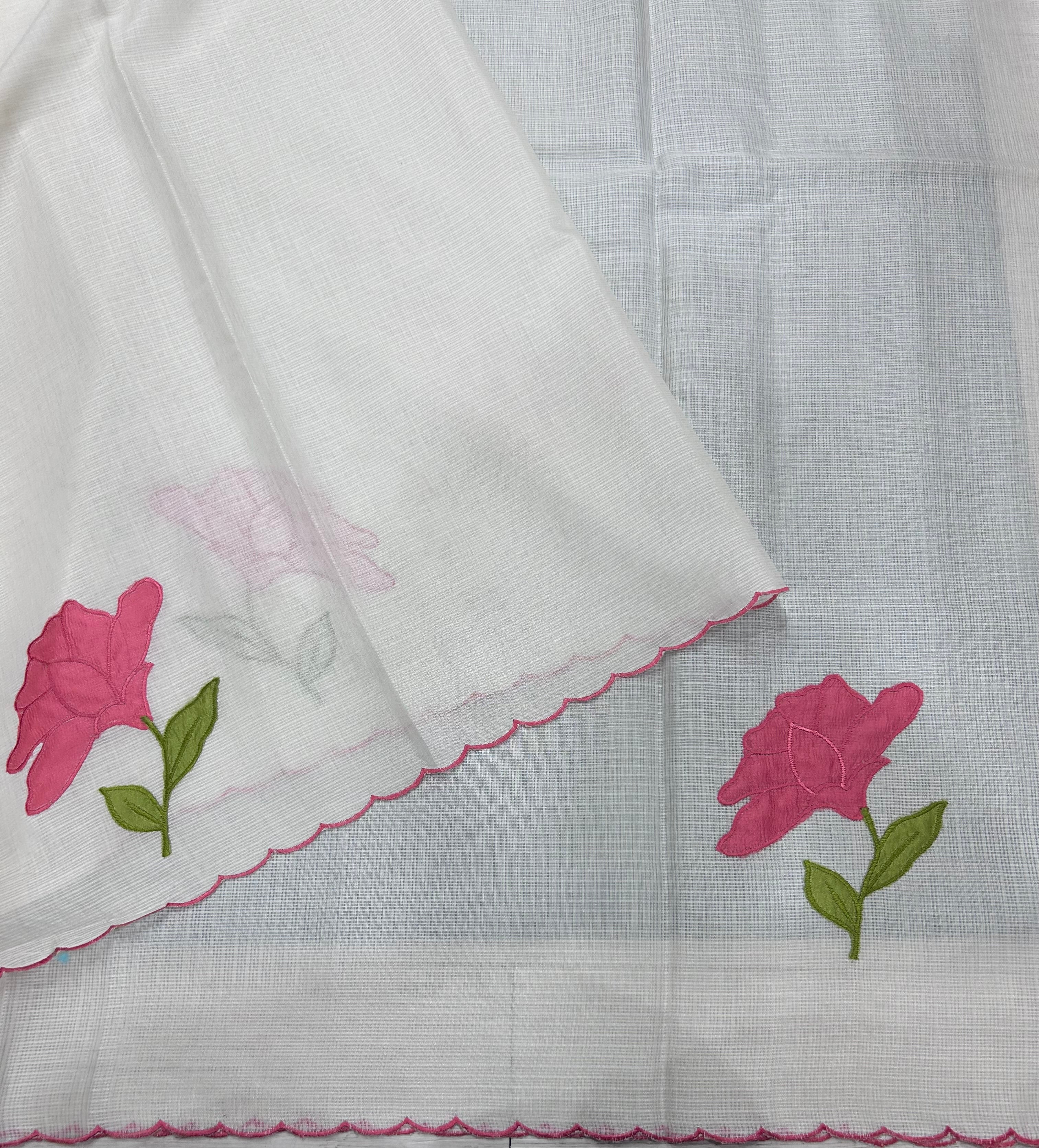 Cream scallop border peach embroidery work Kota check 106 Saree