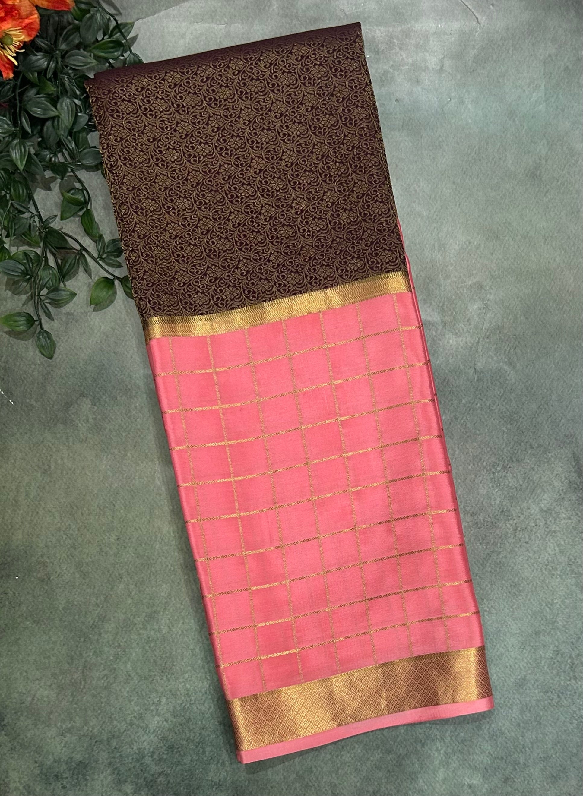 Pastel pink n dark brown pure Mysore crepe silk 103 saree