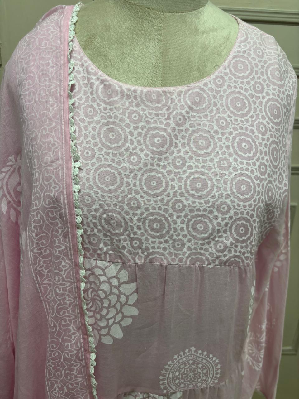 Pink Mul Cotton Block Print Anarkali Kurtha 98