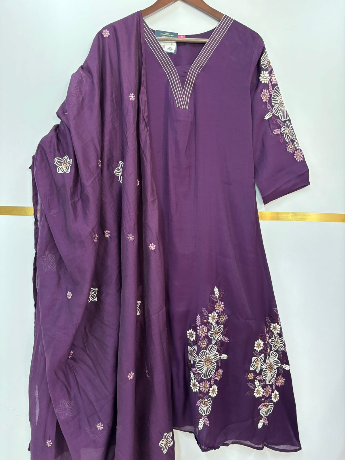 Purple Mul Chanderi Thread Embroidery Airline Kurtha 439