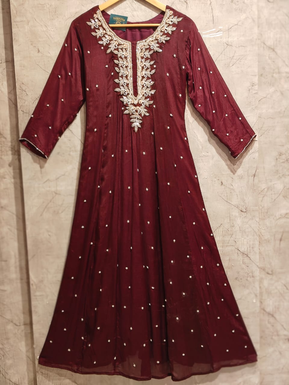 Purple Anarkali Chinnon Hand Embroidery Kurtha 567