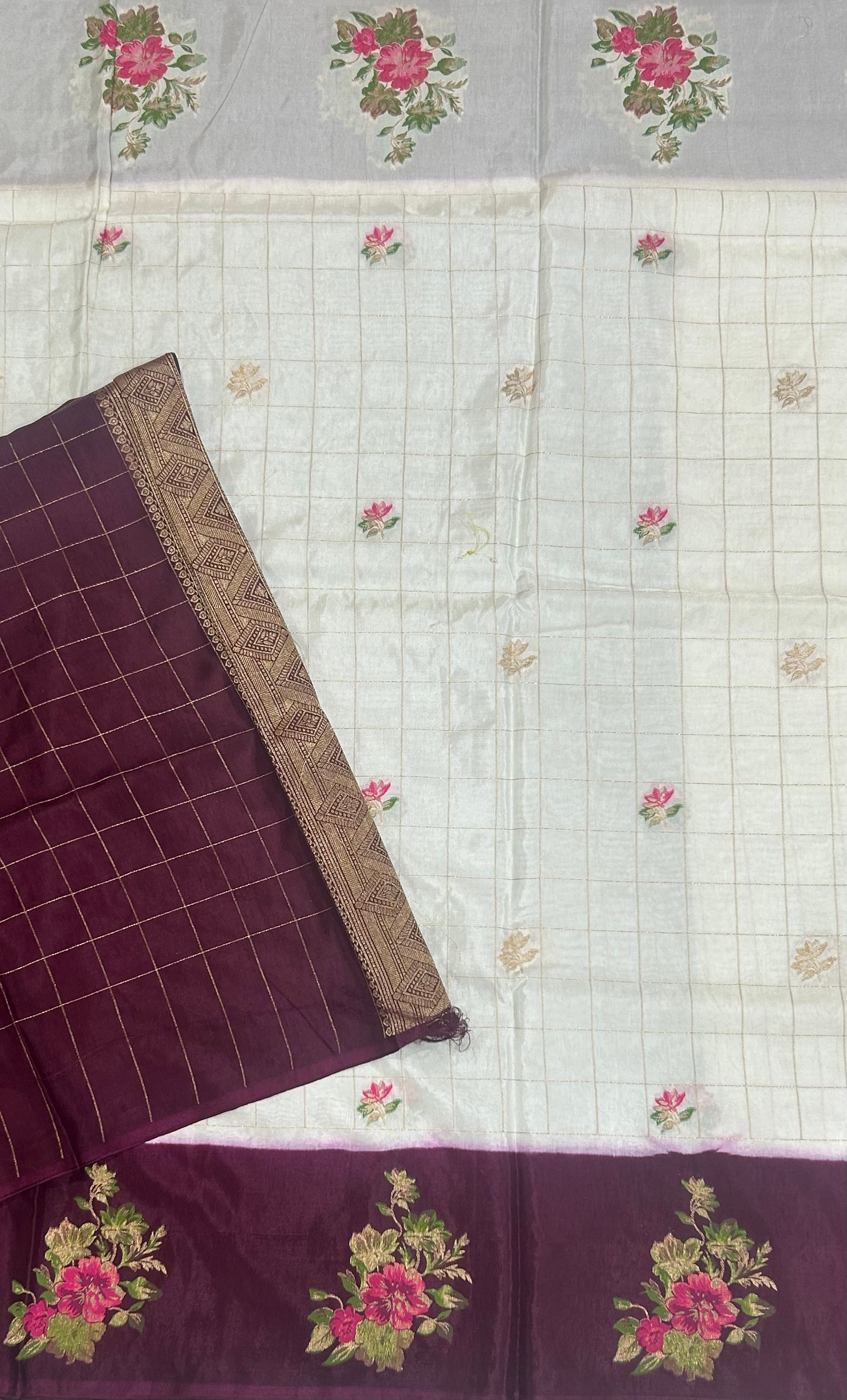 Cream n brown checks dola crepe 104 saree