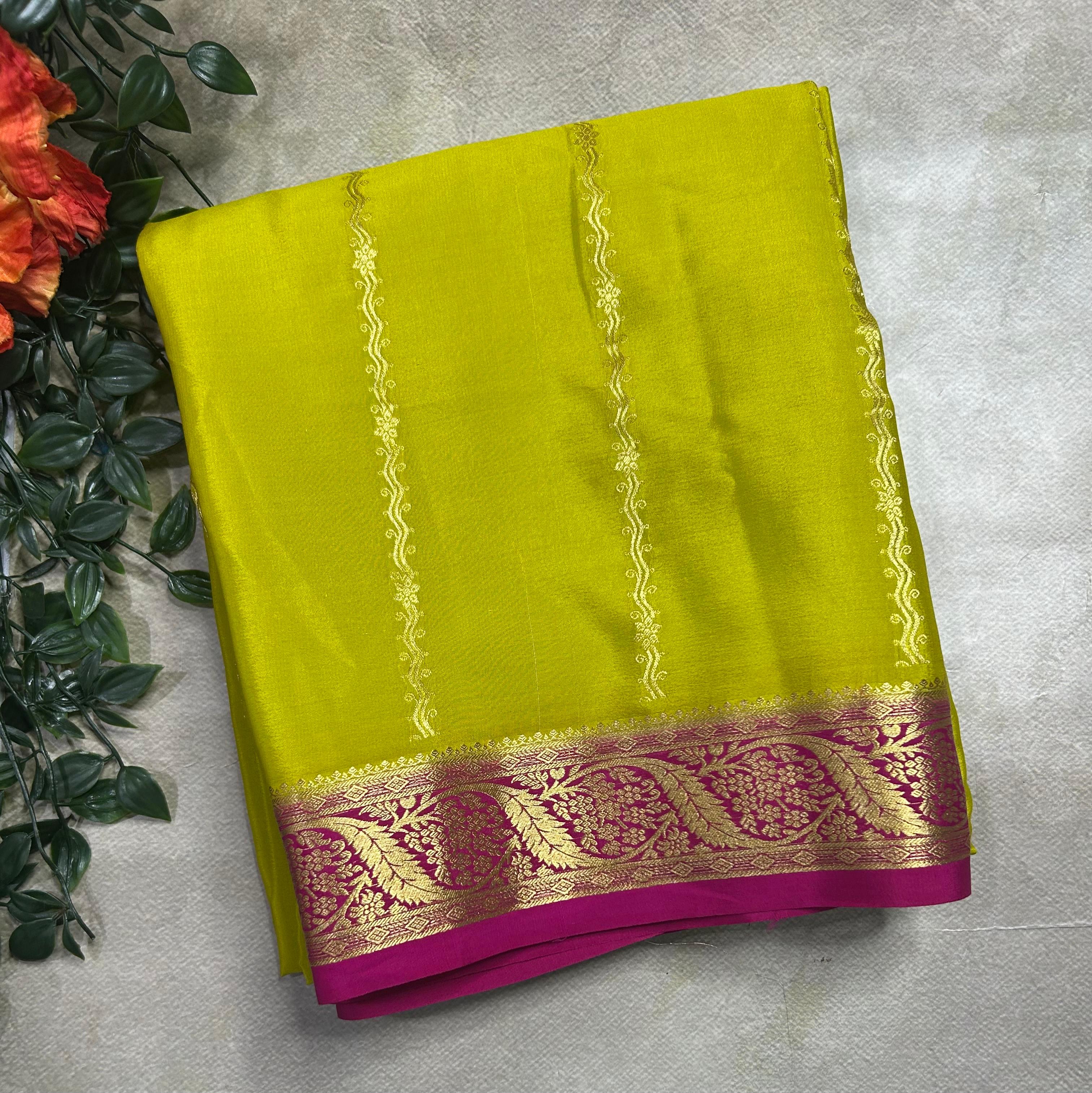 Neon green stripes pure Mysore silk 106 saree