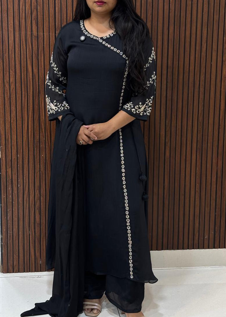 Black Chinnon Thread Embroidery Airline Kurtha
