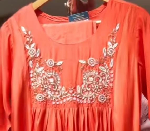 Orange Mul Chanderi Thread Embroidery Anarkali Kurtha