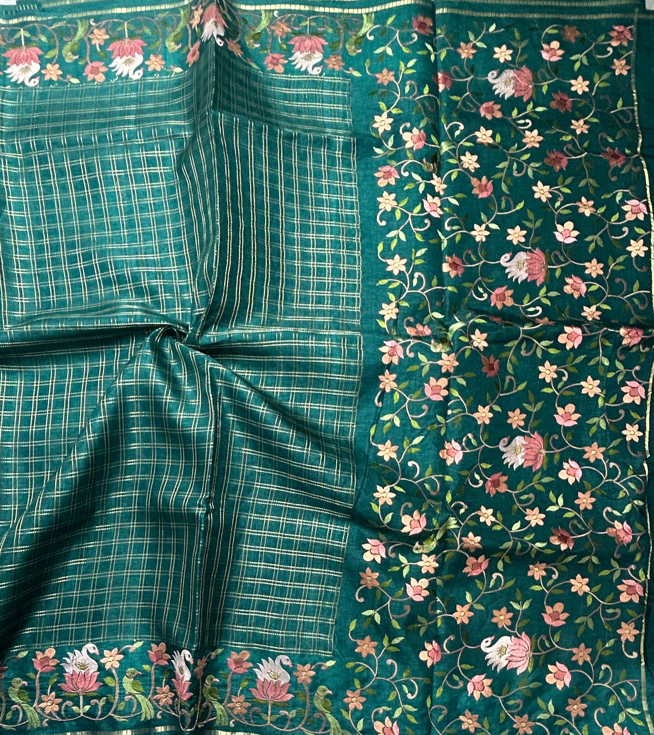 Dark Rama green checks embroidery border semi Tussar 105 saree