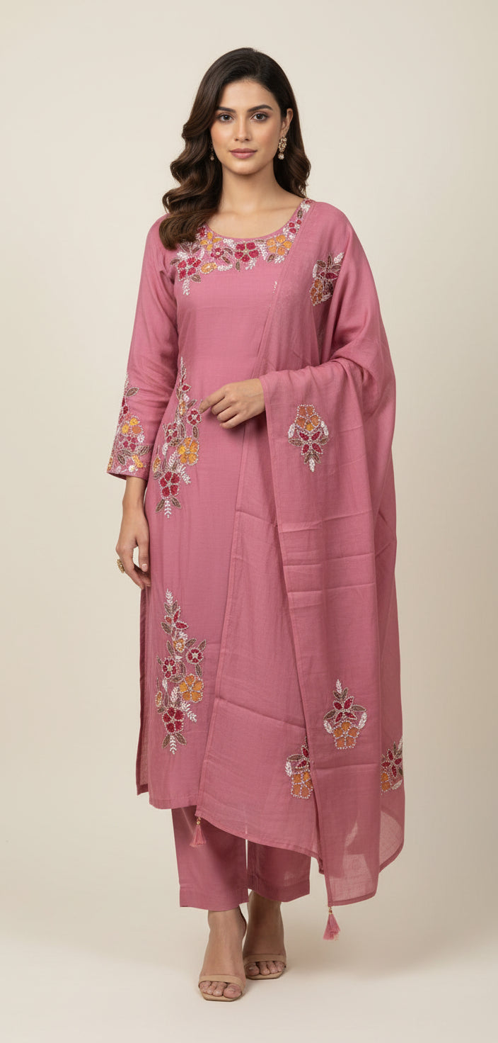 Pink Mul Chanderi Hand Embroidery Straight Fit Kurtha 688