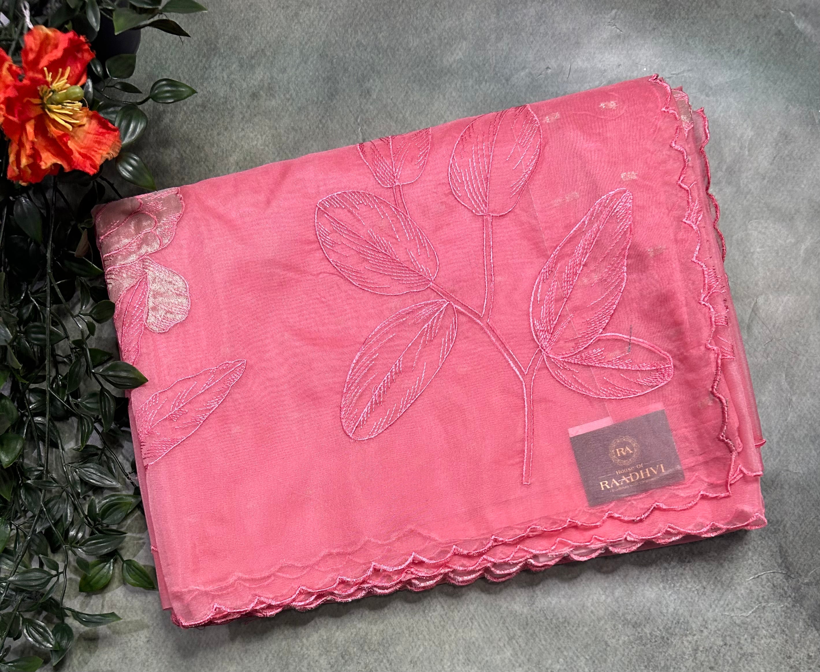 Pastel pink vicose organza appliqué scallop border 105 saree